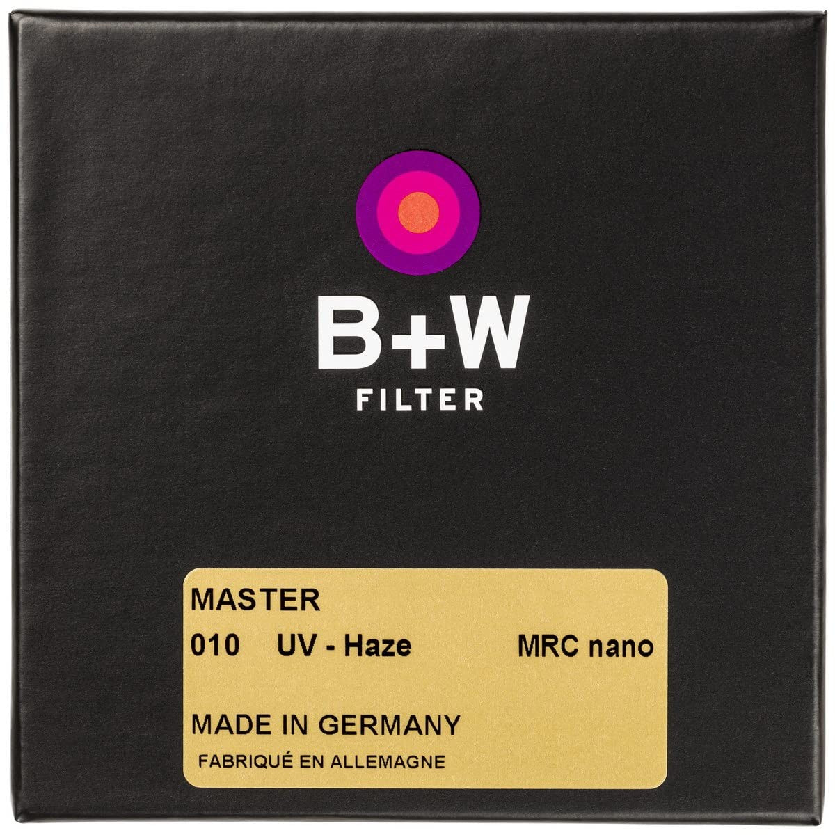 B+W 43mm Master UV Haze MRC Nano glass filter for lens protection, showing clear, coated optical glass with filter frame.