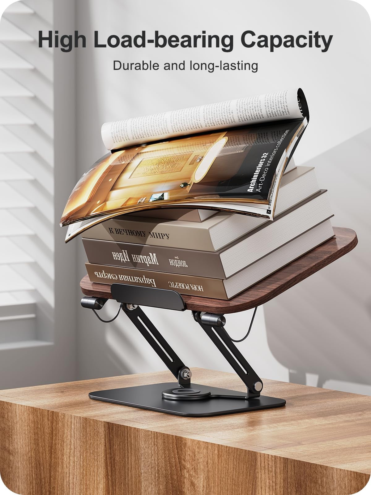 MOKURU adjustable foldable book stand showing a book held at a 360° angle, ideal for reading or display.