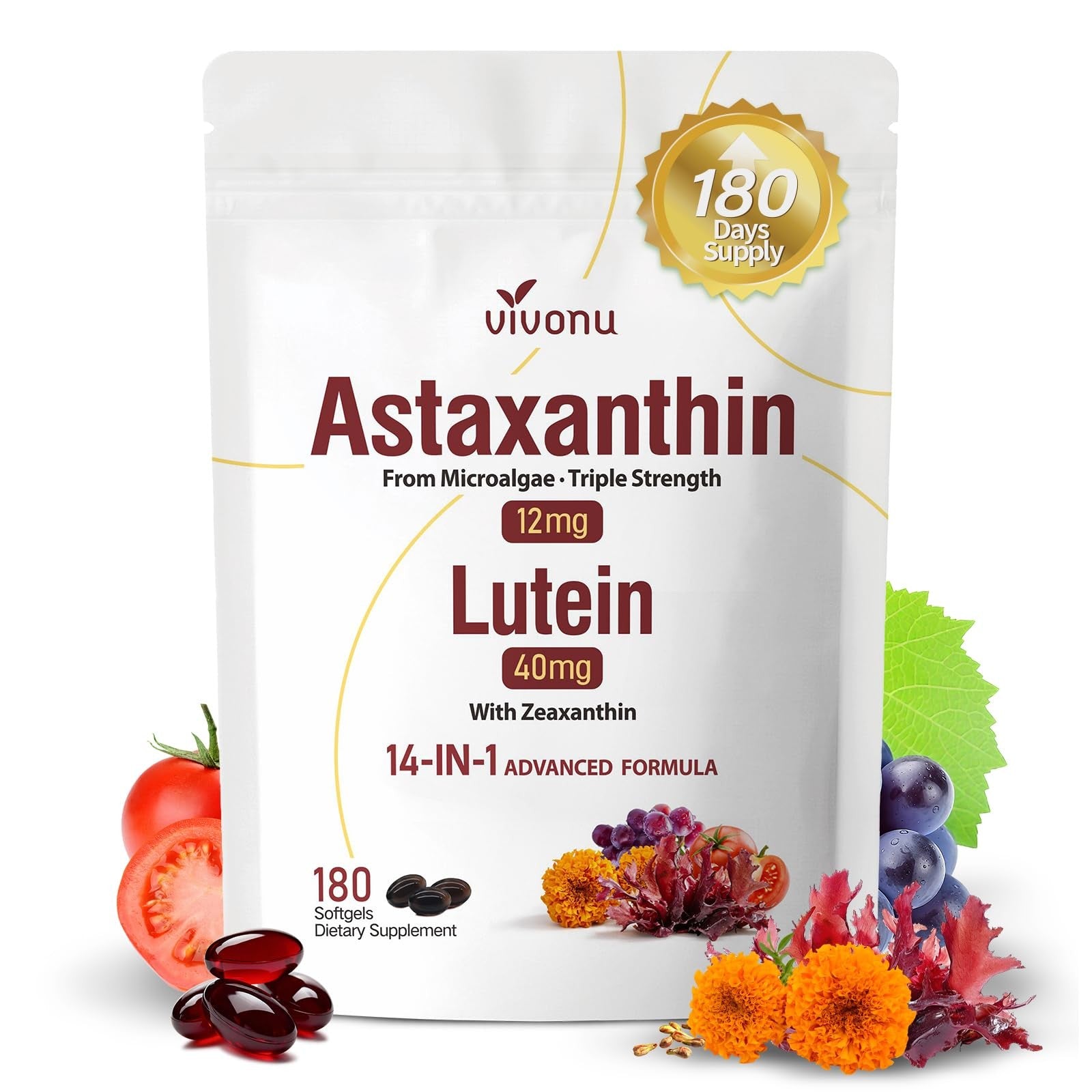 VivoNu 14-in-1 Astaxanthin 12mg and Lutein 40mg supplement bottle with capsules, designed for eye health support.