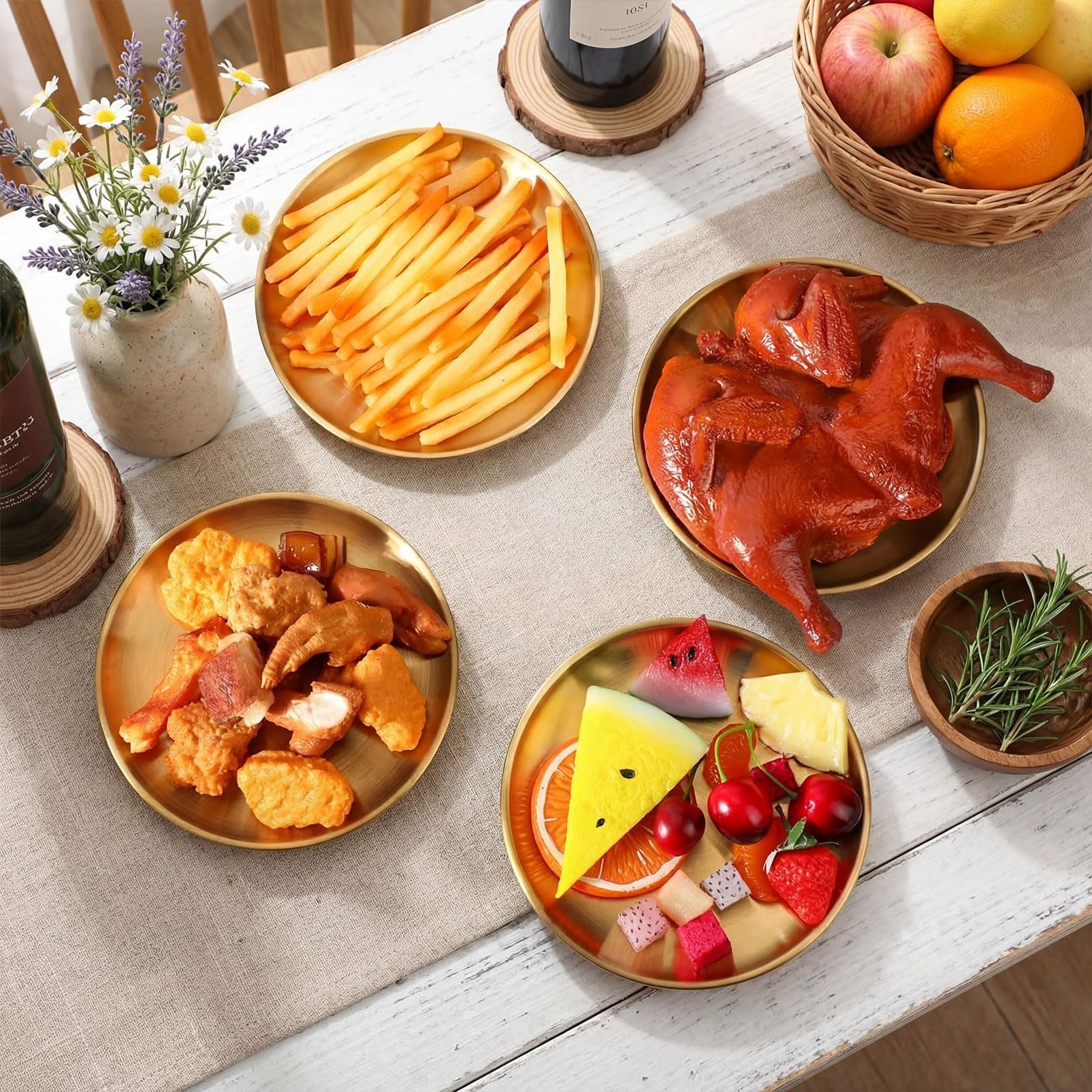 Nuogo stainless steel gold dinner plates, 9-inch metal plates set, elegant gold finish, perfect for formal dining or special occasions.