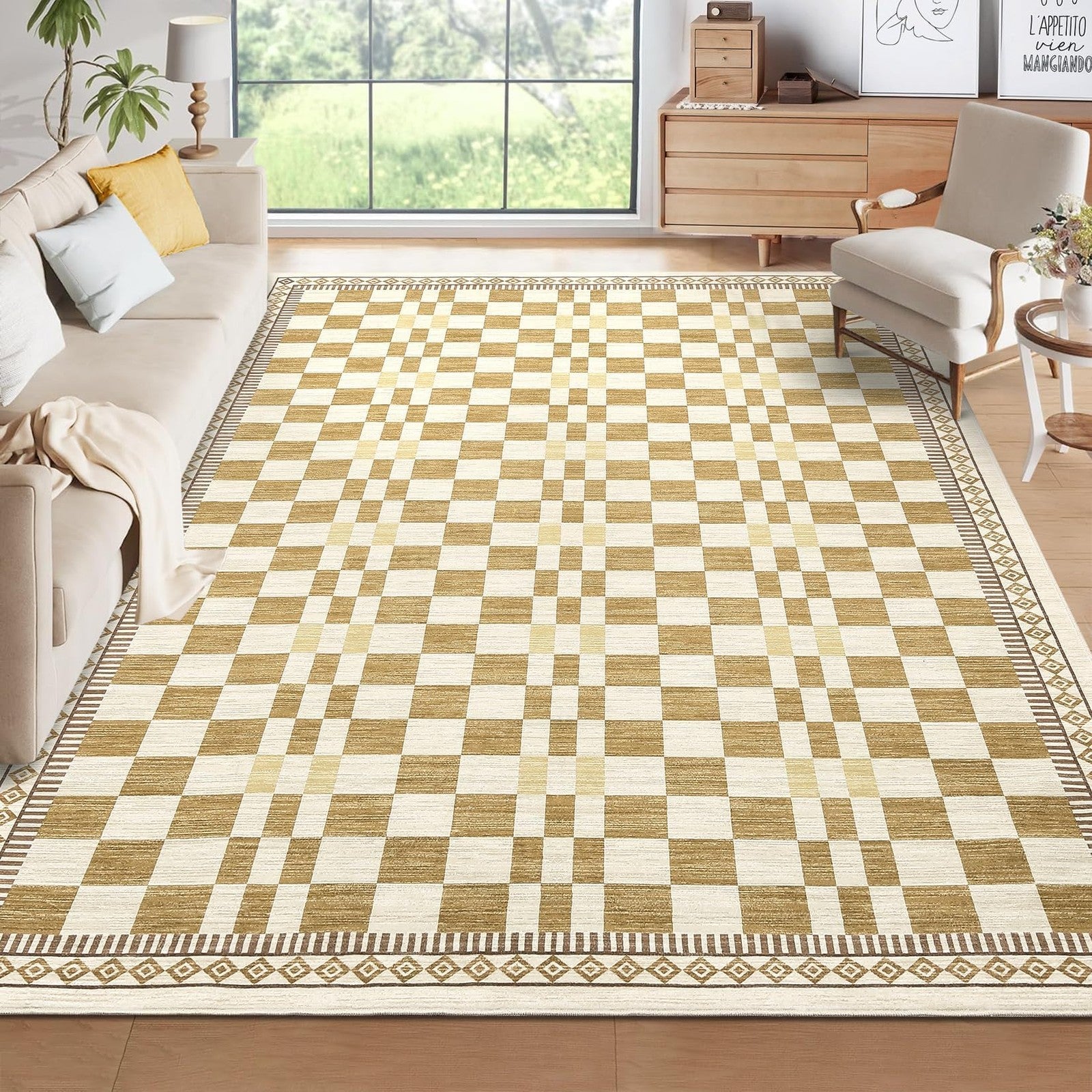 Garvee washable checkered 8x10 neutral area rug with a large design, ideal for living room decor and easy cleaning.