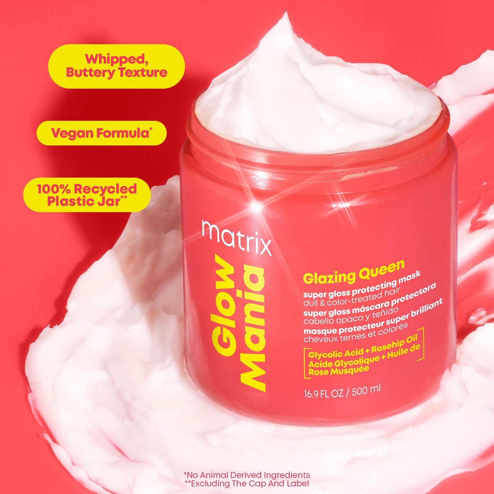 Matrix Glow Mania Super Gloss Protecting Mask shown in a jar, designed to enhance hair glow, shine, and protection.