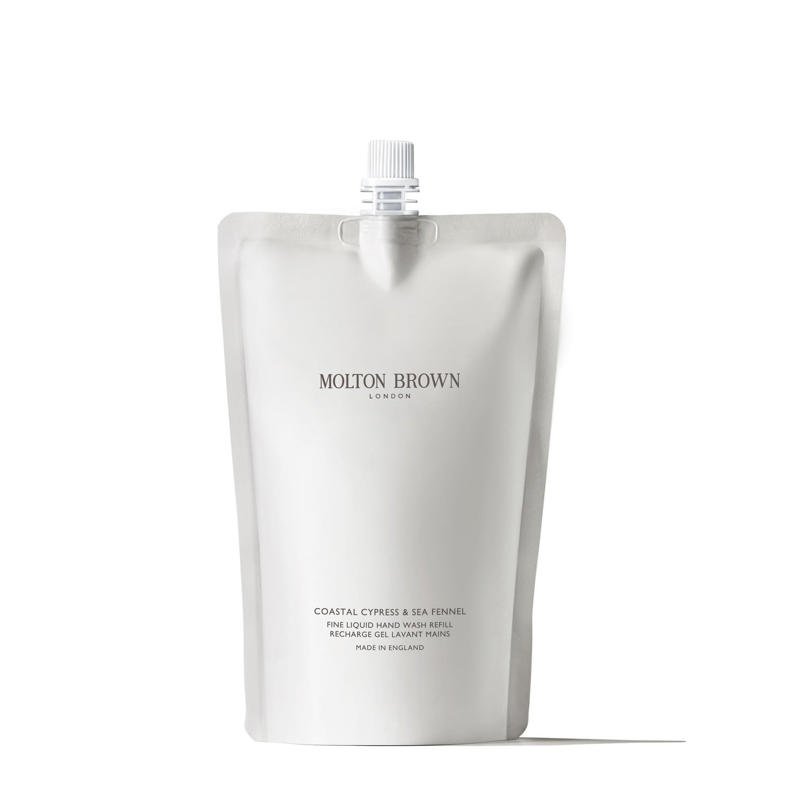 Molton Brown Coastal Cypress & Sea Fennel liquid hand wash refill bottle with elegant label and pump dispenser.