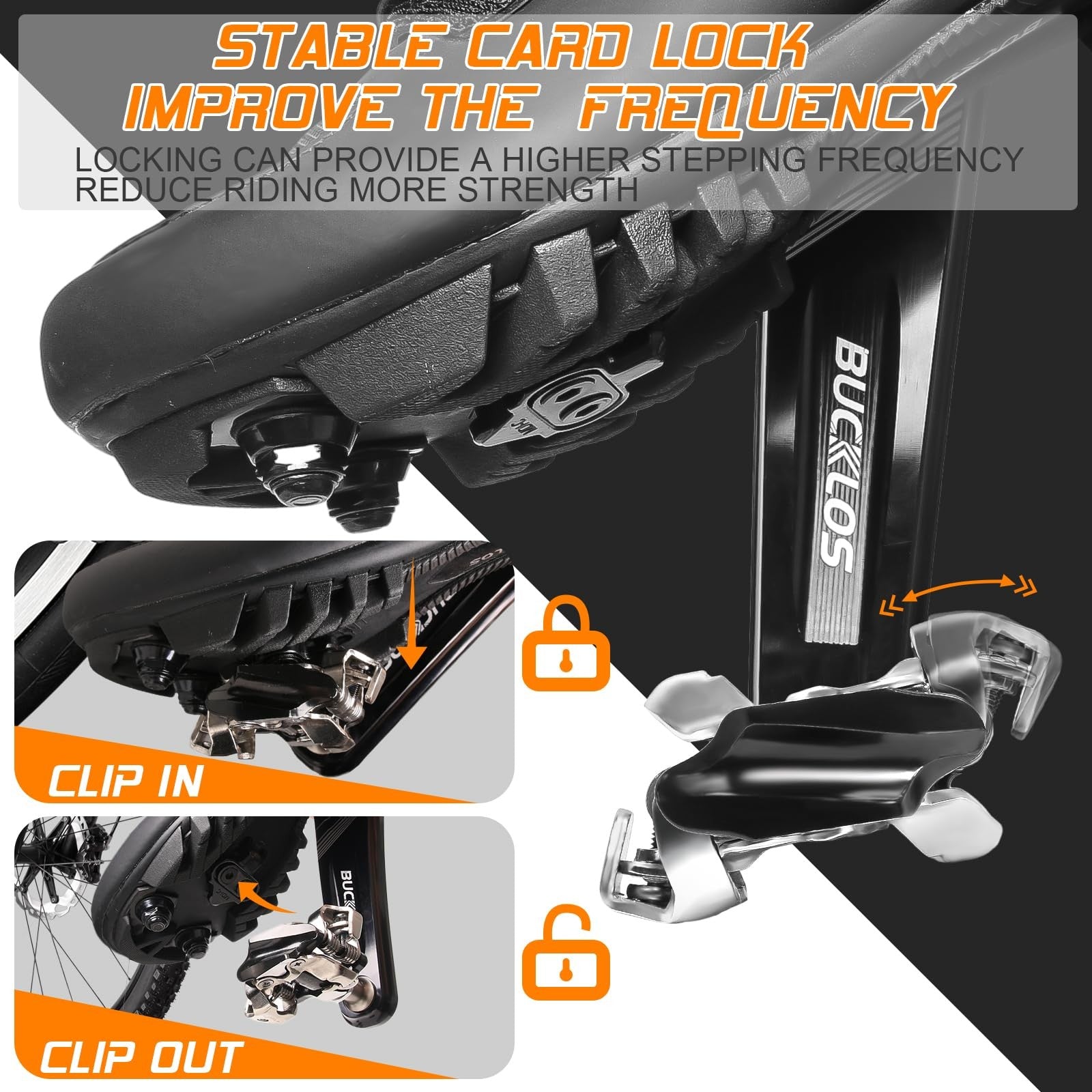 BUCKLOS SPD clipless mountain bike pedals PD-M760/M780 with dual-sided design and metal cleats for MTB riding.