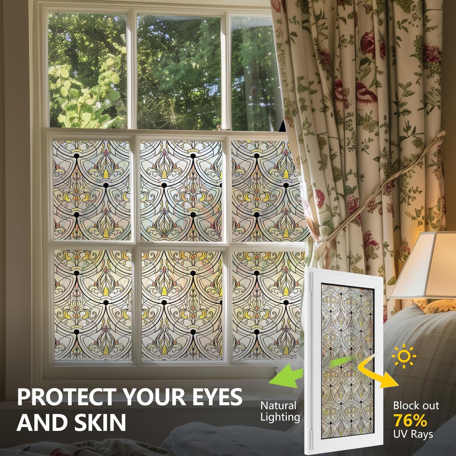 ADD.HERES 3D stained glass window film with golden iron design, decorative privacy film for bathroom and front door.