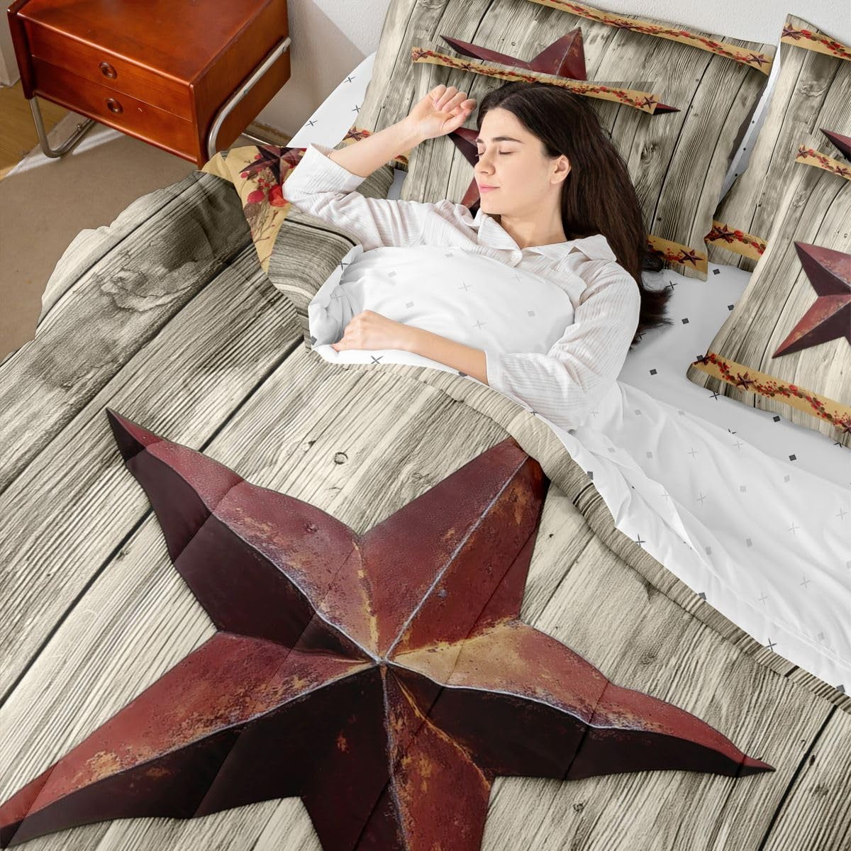 Erosebridal Western Texas Star 7-piece queen size bedding set with retro farmhouse design featuring star patterns and rustic style.
