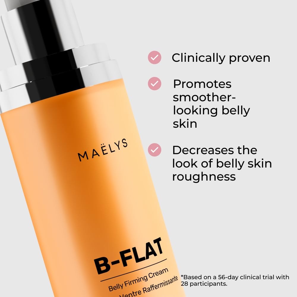 B-Flat Belly Firming Cream by Maëlys Malys Cosmetics showing a jar of stretch mark belly cream with natural ingredients.