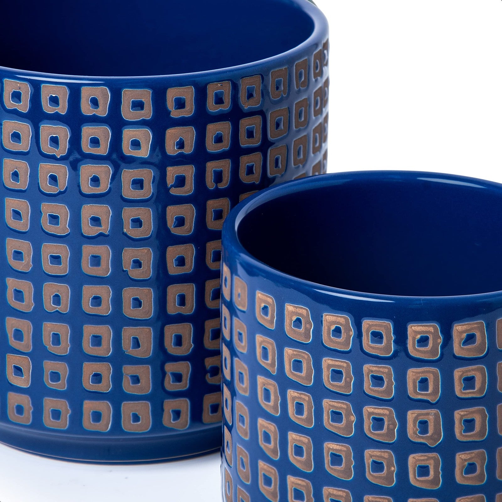 D'vine Dev set of 2 6-inch ceramic planter pots with drainage holes and saucers, ideal for indoor plants and home decor.
