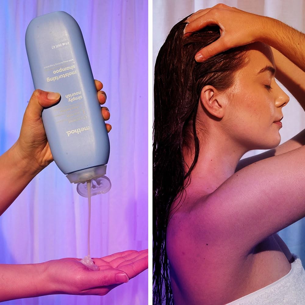 Method Simply Nourish body wash and hair care gift set with bottles featuring clean, natural design and pump dispensers.