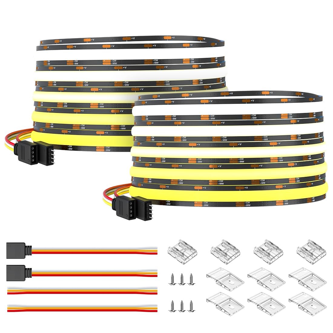 BTF-LIGHTING tunable COB LED strip light with adjustable CCT from 2700K to 6500K, 12V, 32.8 feet long, flexible lighting solution