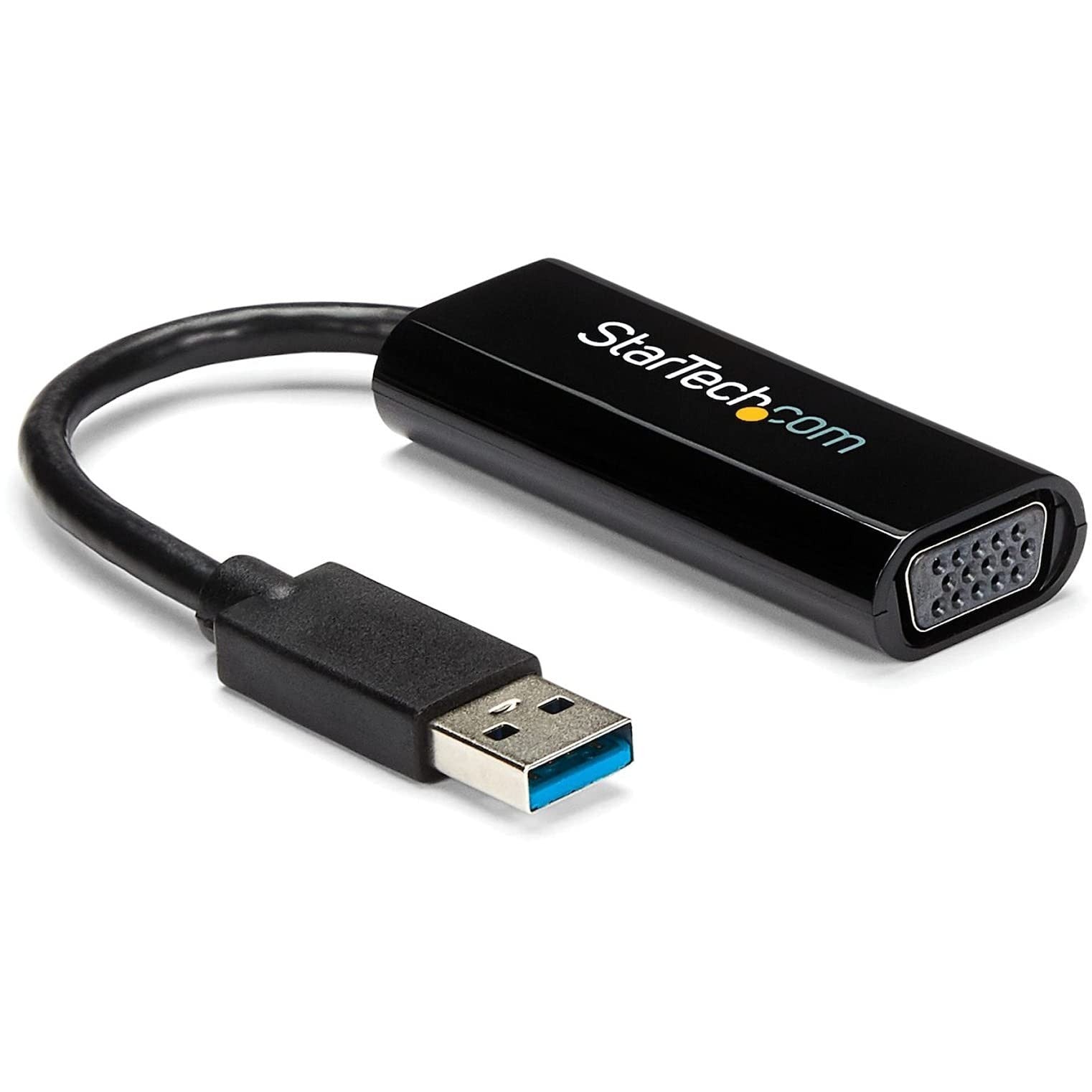 StarTech.com USB 3.0 to VGA adapter showing a compact black connector for connecting VGA monitors to Windows computers.