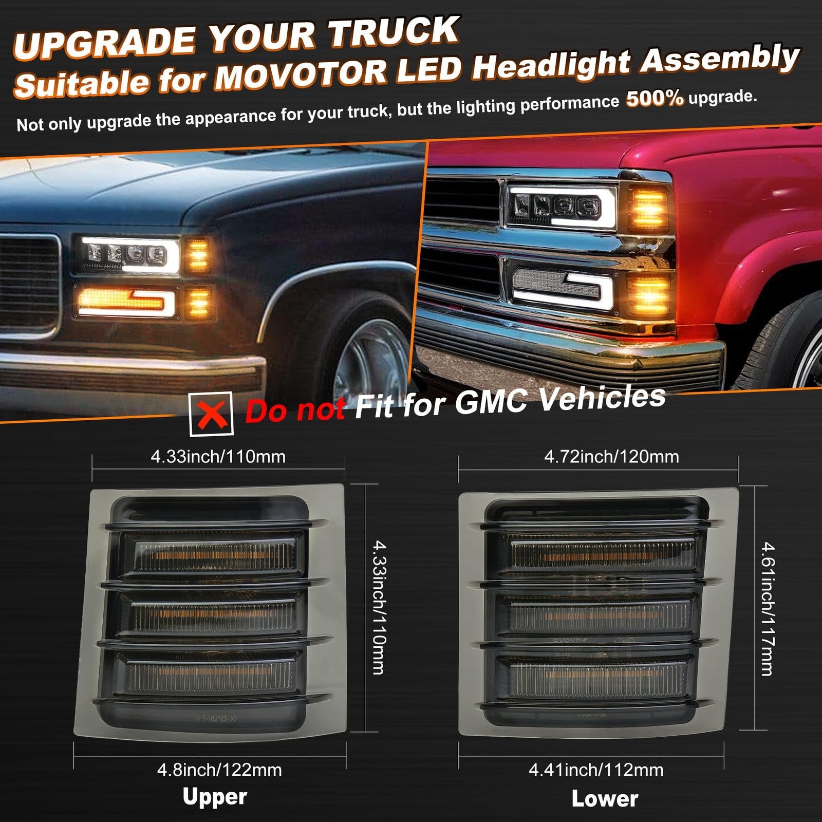 MOVOTOR LED side marker lights with amber sequential turn signal, showing the corner light design on a vehicle.