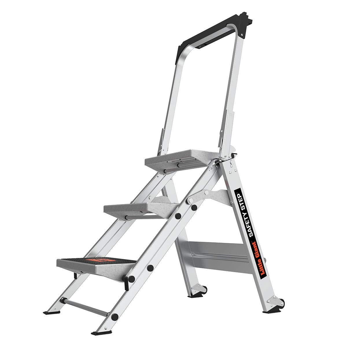 Little Giant Safety Step 3-step aluminum ladder with 3-foot height, Type 1A rated for 300 lbs, designed for stability and safety.