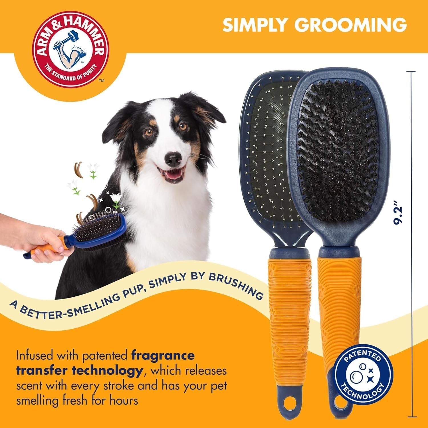 Arm & Hammer Deodorizing Pin & Bristle Dog Grooming Brush with fragrance transfer, showing the brush's pins and bristles for grooming pets.