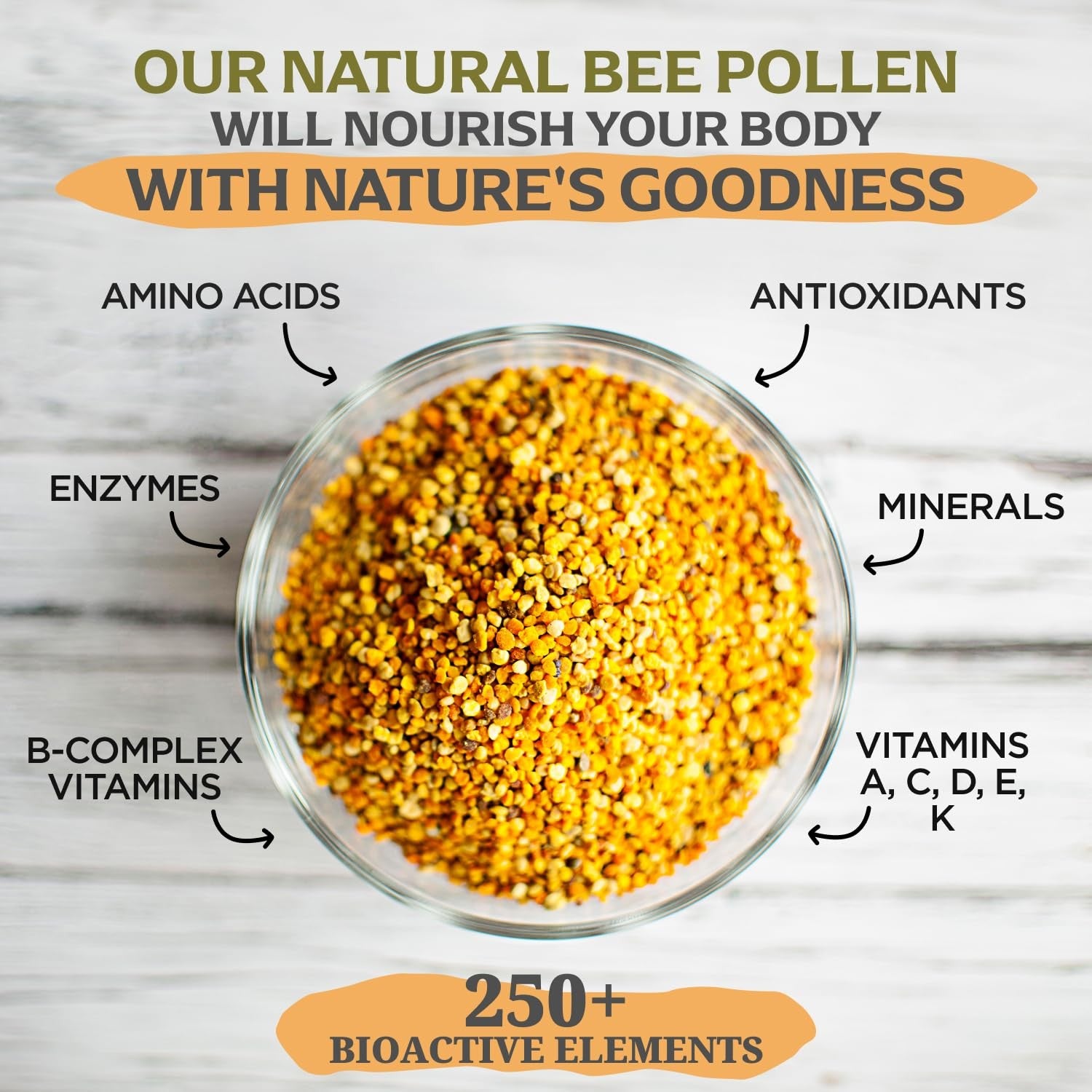 Jar of Jamie’s Hive to Table Raw Bee Pollen, 10 oz, showing golden bee pollen granules in a clear glass jar.
