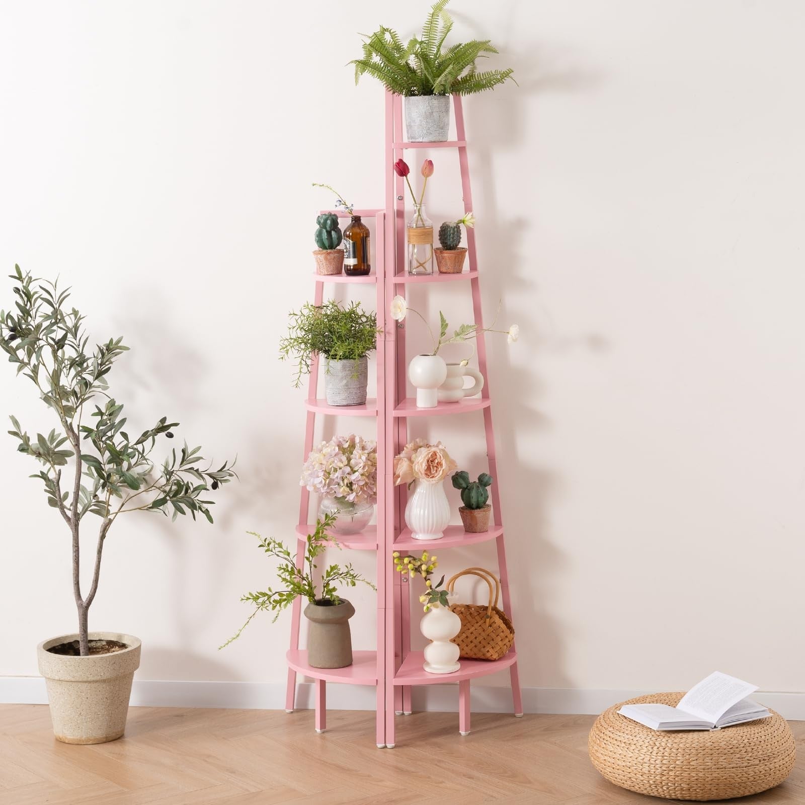 Yoobure 5-tier corner bookshelf with metal frame and ladder design, showcasing a modern corner storage unit for home or office.