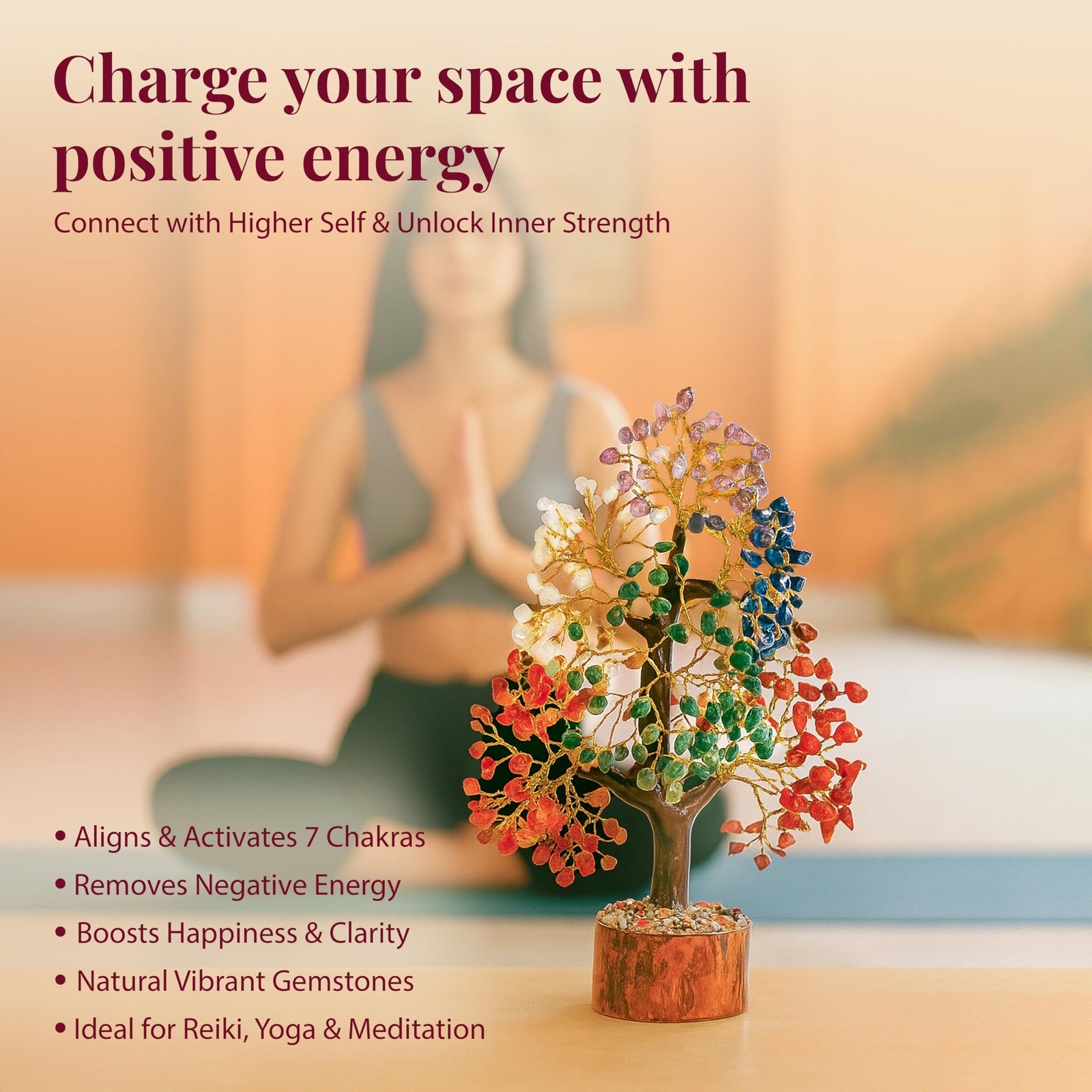 Crocon 7 Chakra Healing Crystal Tree of Life for room decor and Feng Shui, featuring colorful crystal branches and a wooden base.