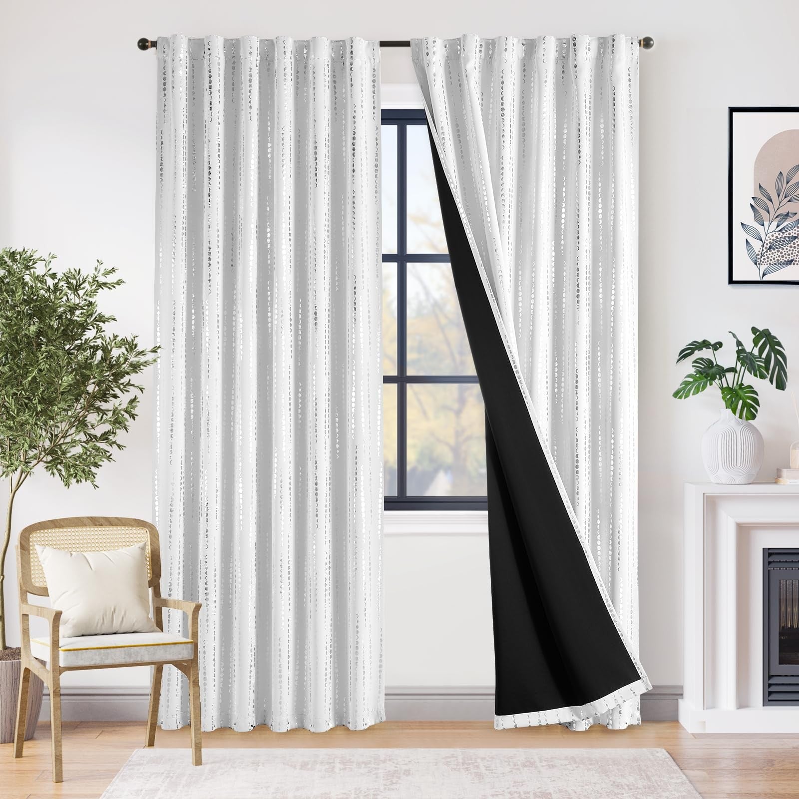 jinchan blackout bedroom curtains with bohemian moon phase print, 90-inch length, 2 panels for darkening and stylish decor
