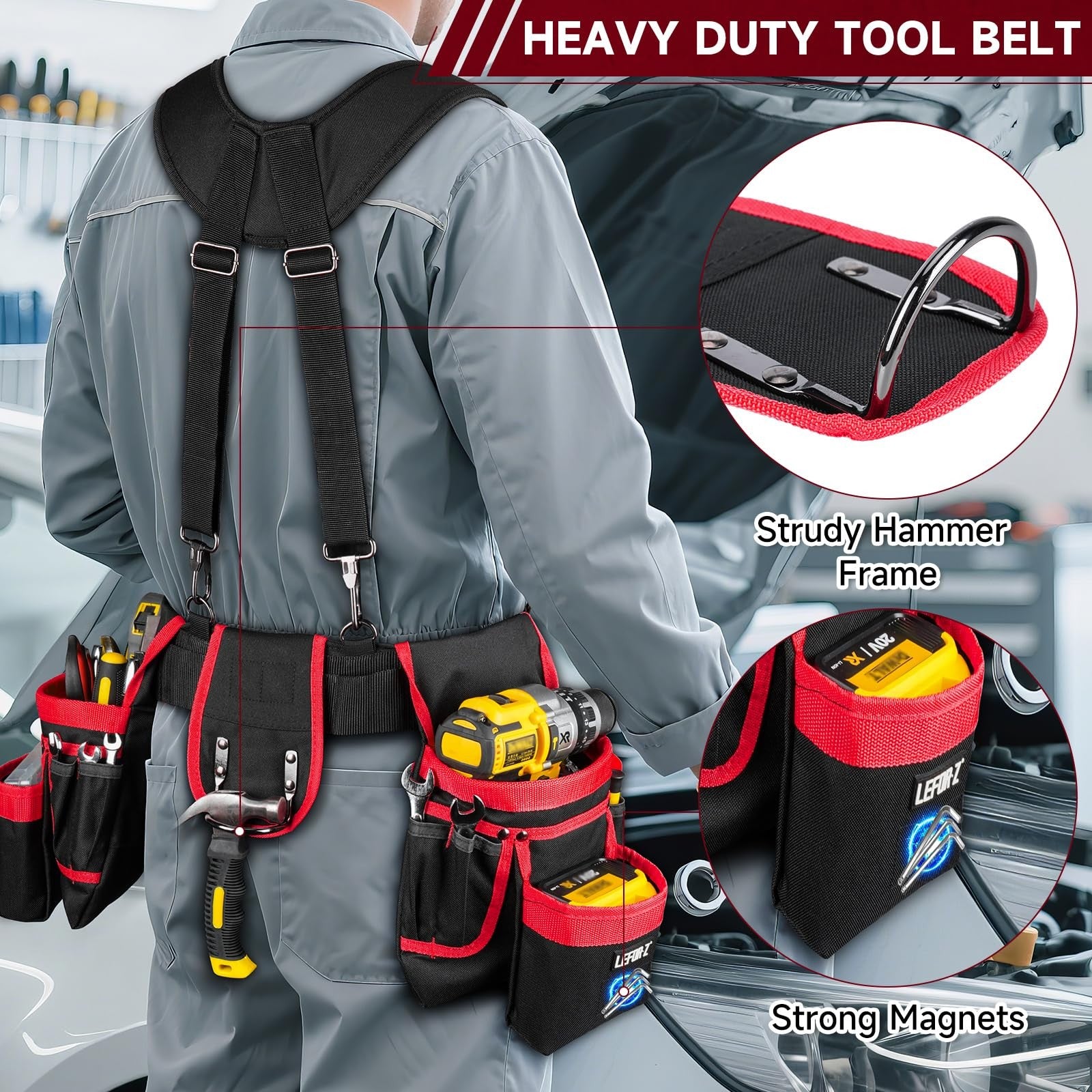 Heavy-duty LEFOR·Z tool belt with suspenders and 27 pockets, featuring magnetic tool holders for men.