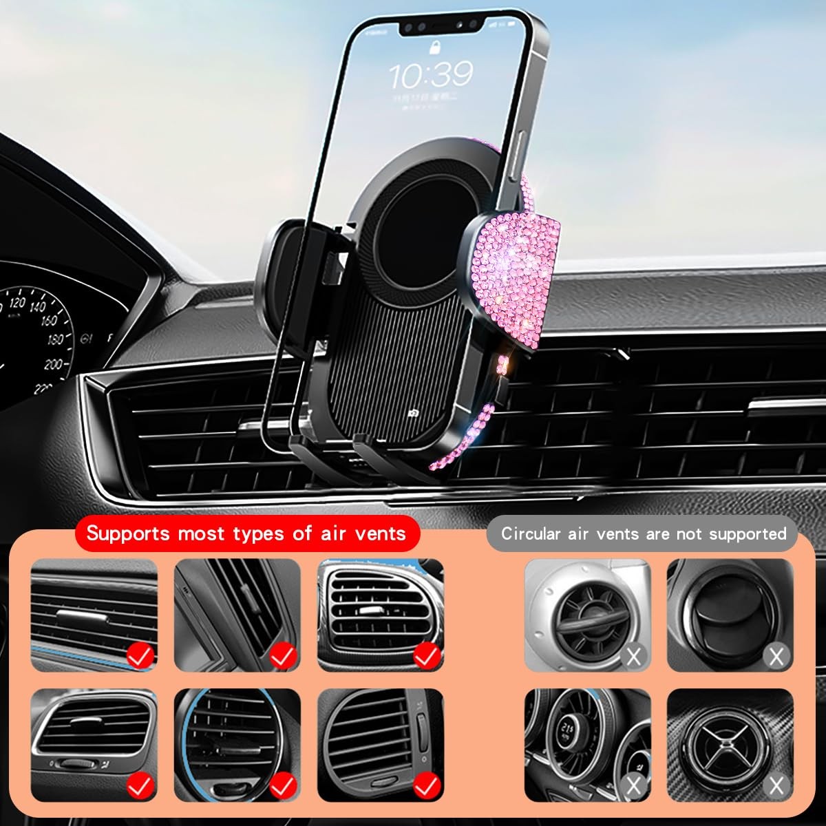 Erolagomat Bling cell phone holder for car with strong suction and rally racing style, designed for women.