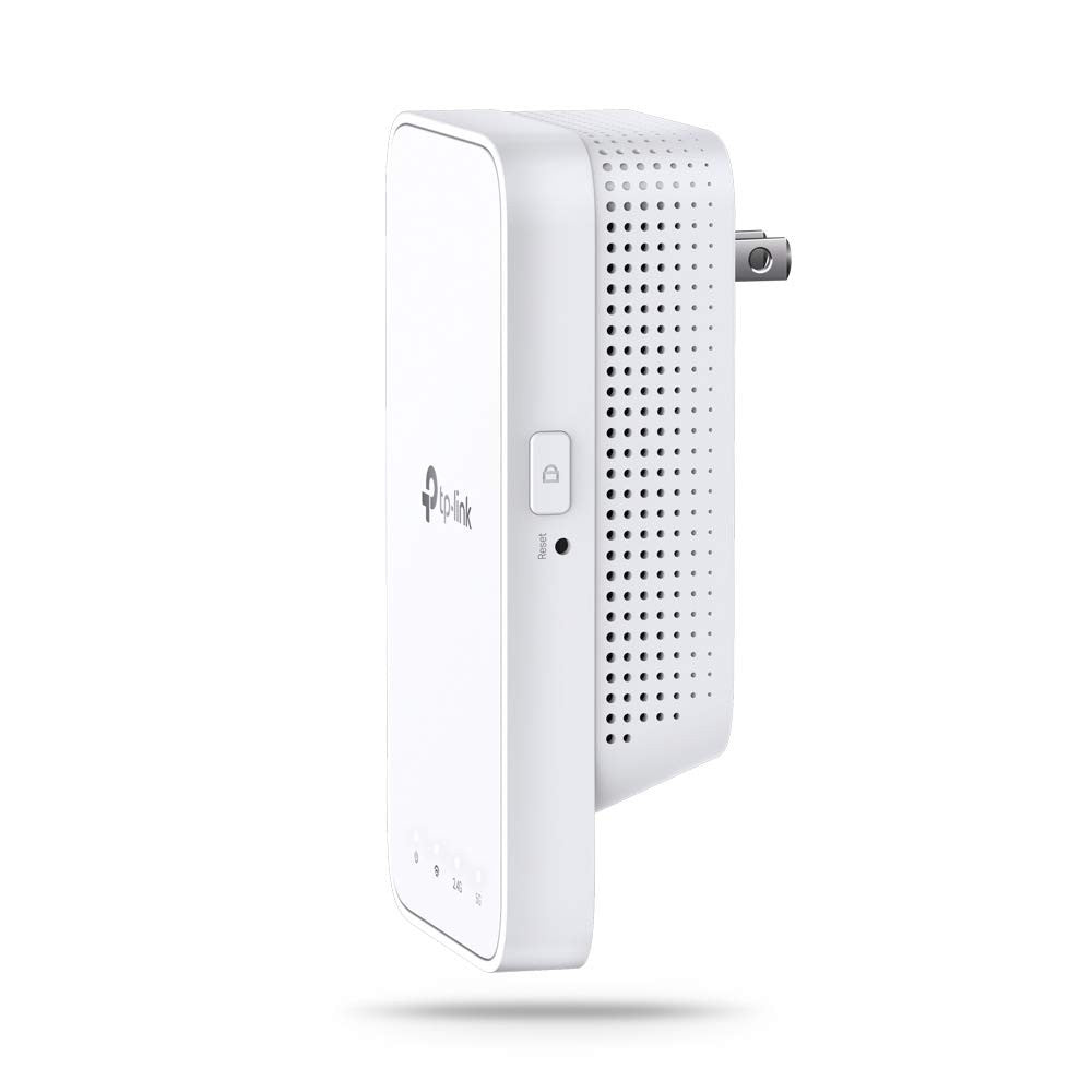 TP-Link AC1200 WiFi Extender (RE300) shown on a desk, connected to a router, extending WiFi coverage for up to 1500 sq.ft and 25 devices.