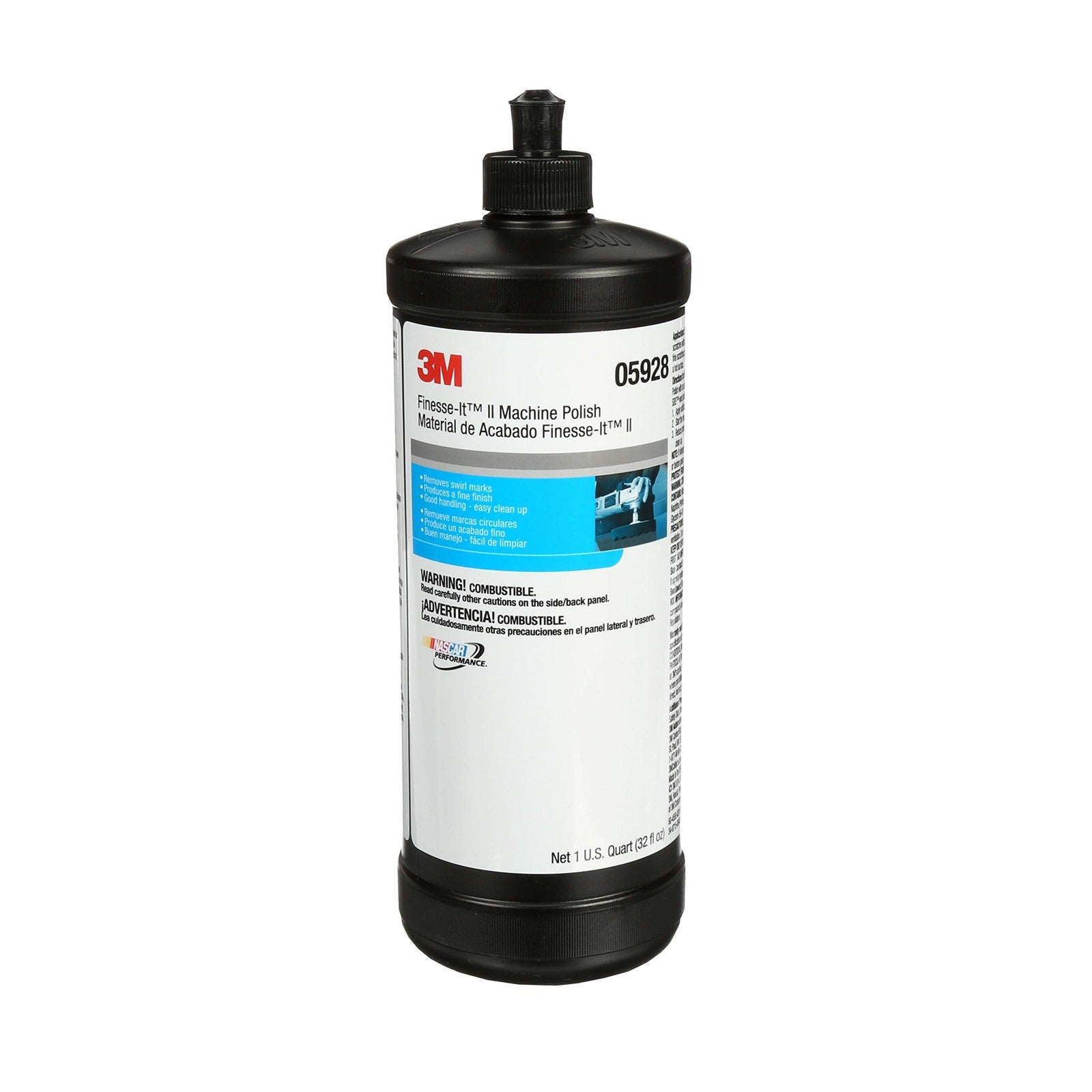 3M Finesse-it II machine polish bottle, 1 quart (32 fl oz), with label showing product name and branding.