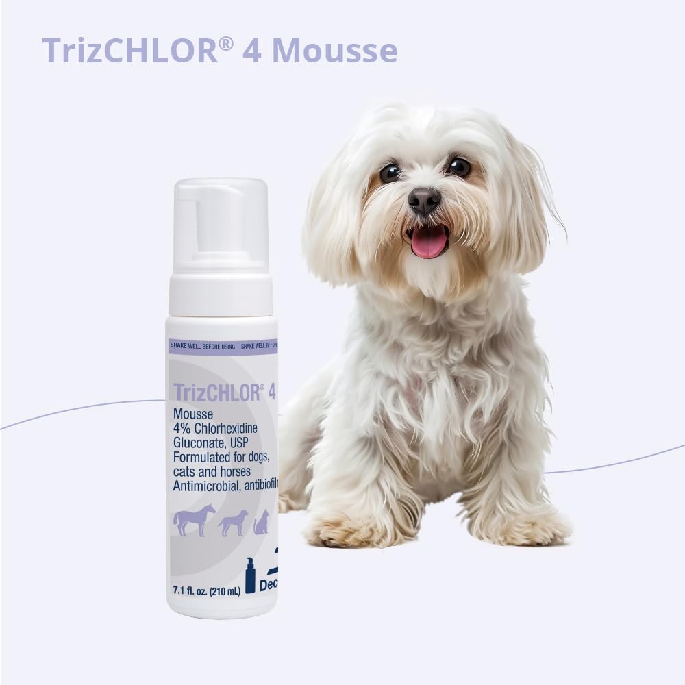 TrizCHLOR 4 Mousse for dogs, cats, and horses in a 7.1-ounce bottle, shown with foam and applicator brush in the image.