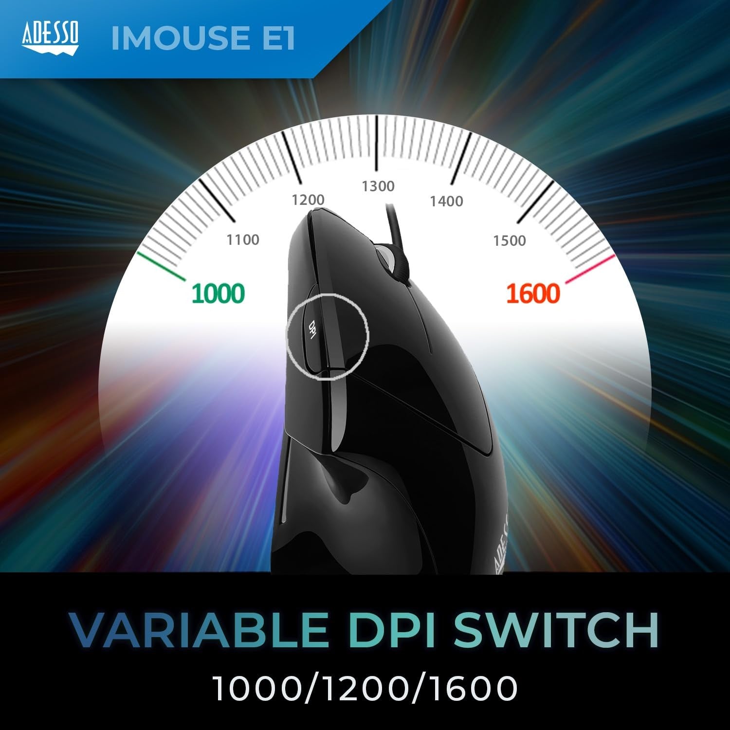 Adesso wired vertical ergonomic optical USB mouse with illuminated design, six buttons, and right-handed orientation.