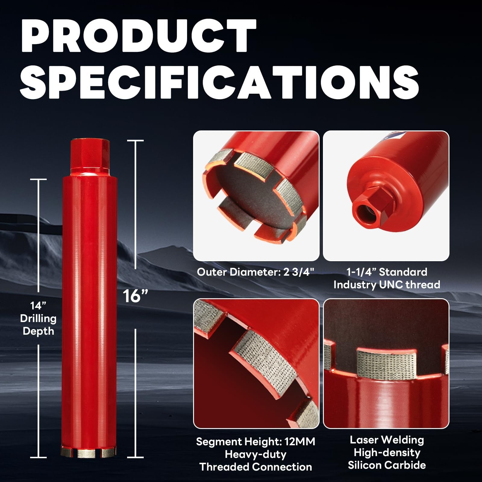 Daduori Premium 2-3/4 inch wet core drill bit for hard concrete with high-density diamond cutting edges.