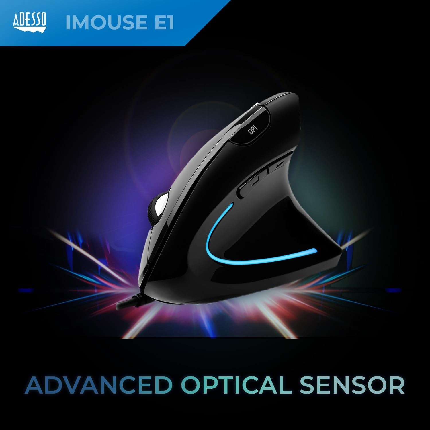 Adesso wired vertical ergonomic optical USB mouse with illuminated scroll wheel and six buttons, designed for comfortable right-handed use.