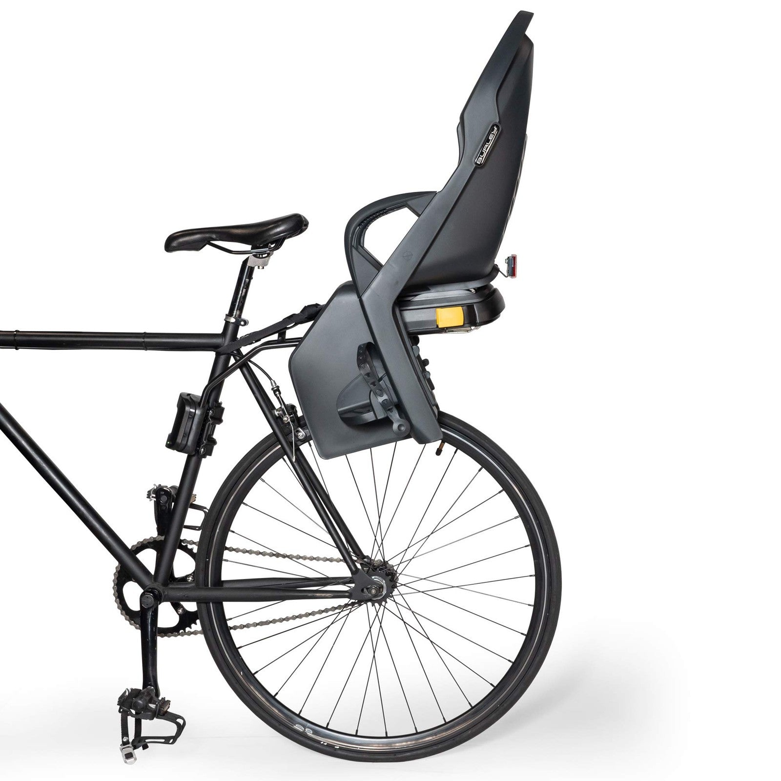 Black Burley Design Dash Frame Mounting Block for bicycles, showing the compact, durable attachment piece on a bike frame.