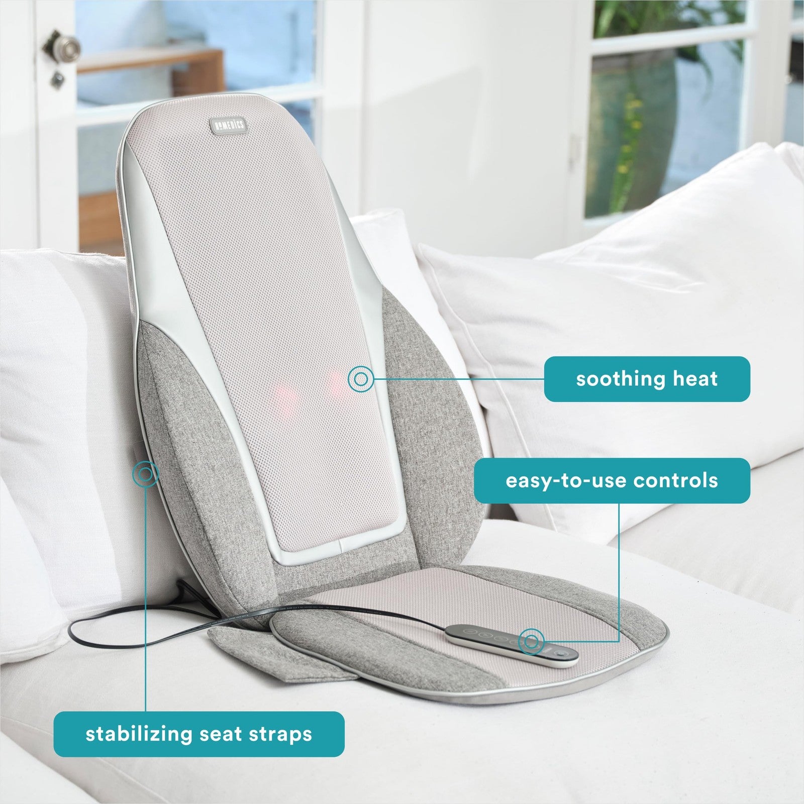 Homedics Shiatsu kneading massage cushion with vibration and heat for back relief, showing the cushion's ergonomic design and controls.