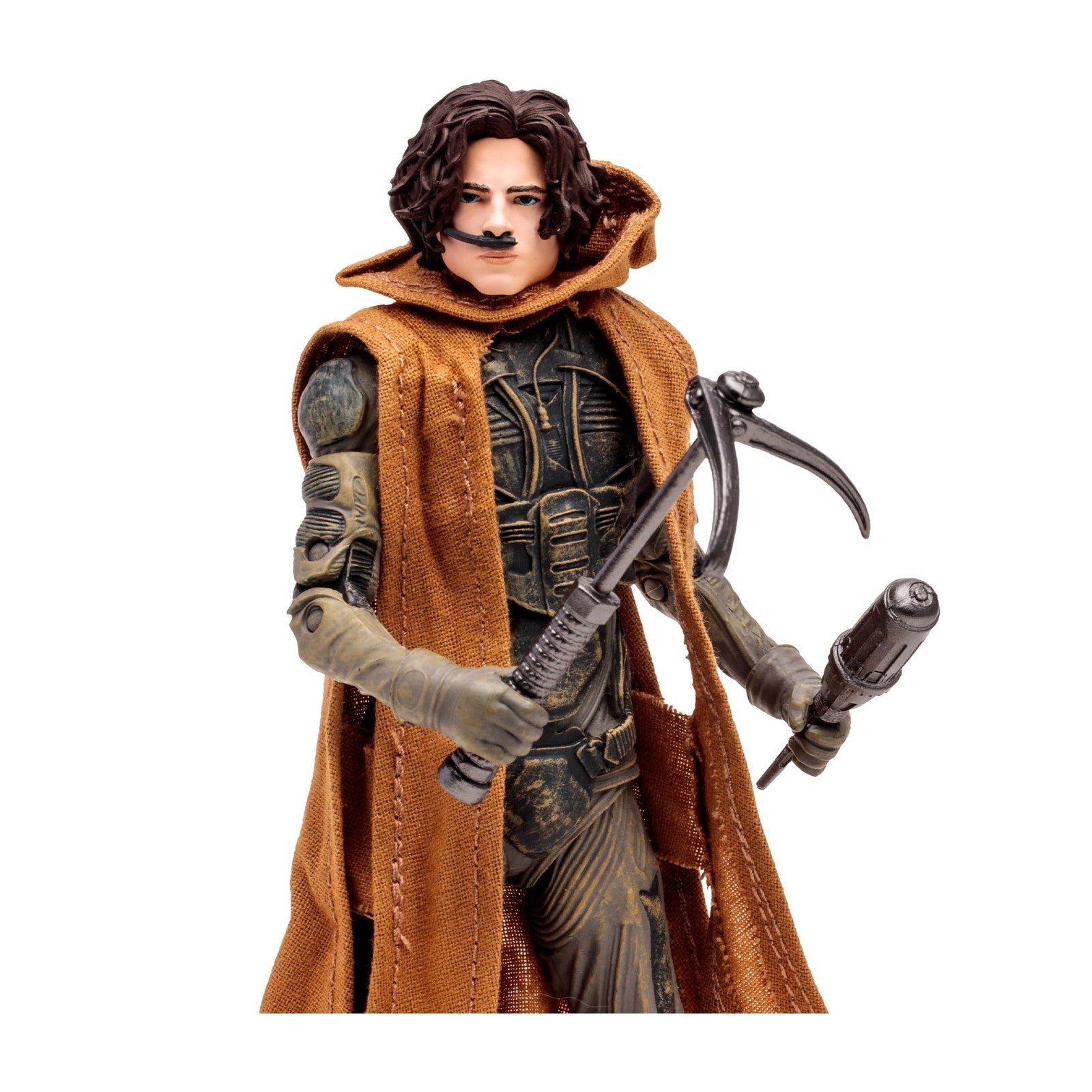 Four McFarlane Toys Dune Part Two action figures including Gurney Halleck, Paul Atreides, Chani, and Stilgar standing together.