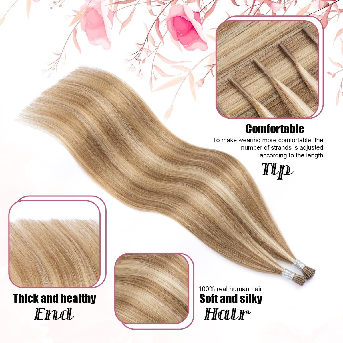 KPVXXVE I Tip human hair extensions, 50g, 20 inch ash brown mix with bleach blonde highlights, natural straight style.
