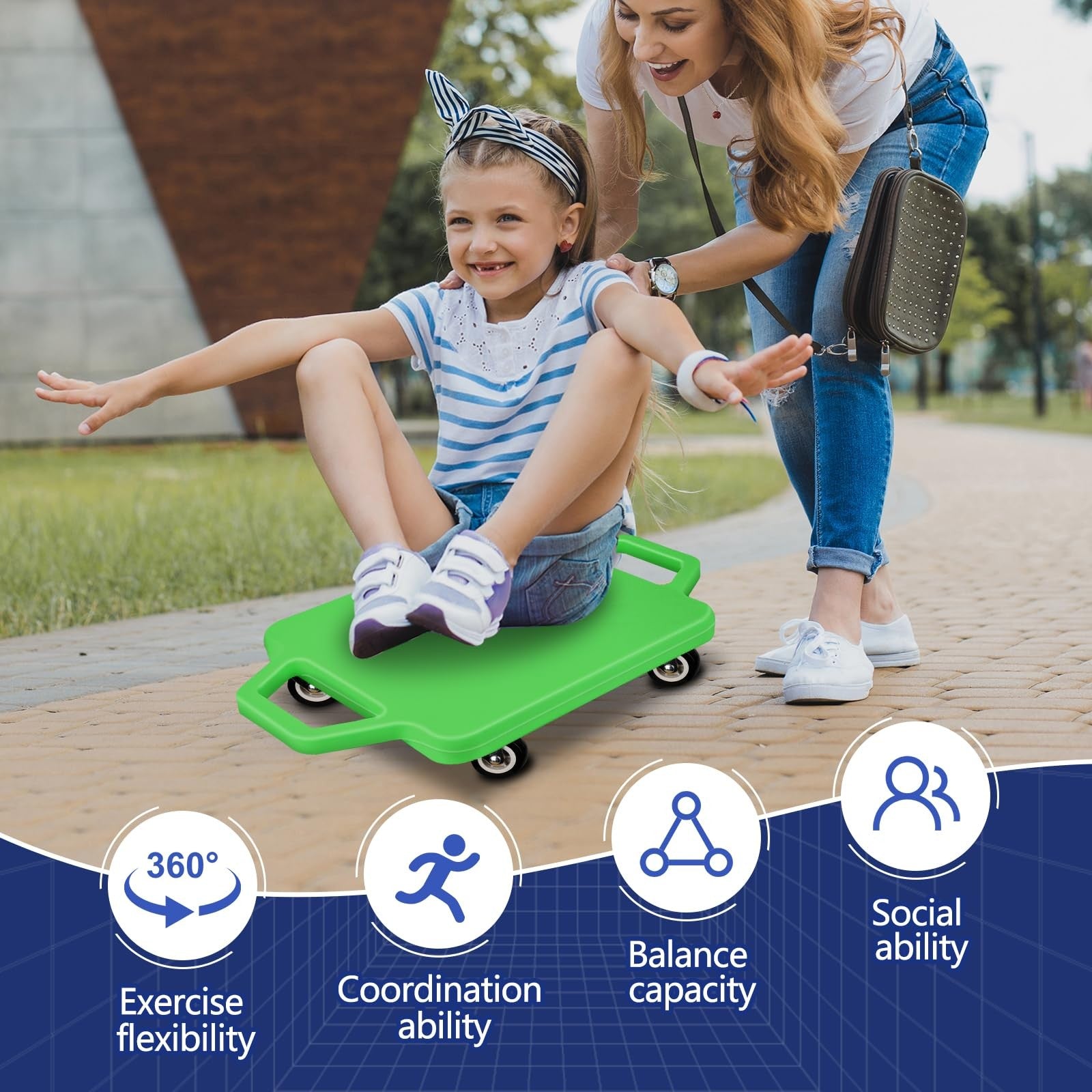 Two colorful plastic sports scooter boards with handles from SUNYIWJIE, designed for sitting and riding fun.