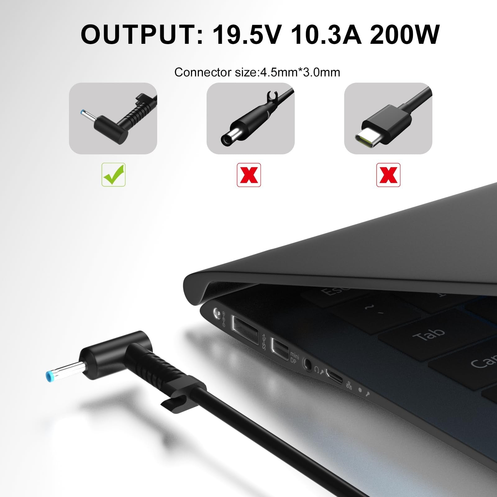 200W laptop charger compatible with HP Victus Gaming 15/16 and HP Omen, unbranded power adapter with cable and connectors.
