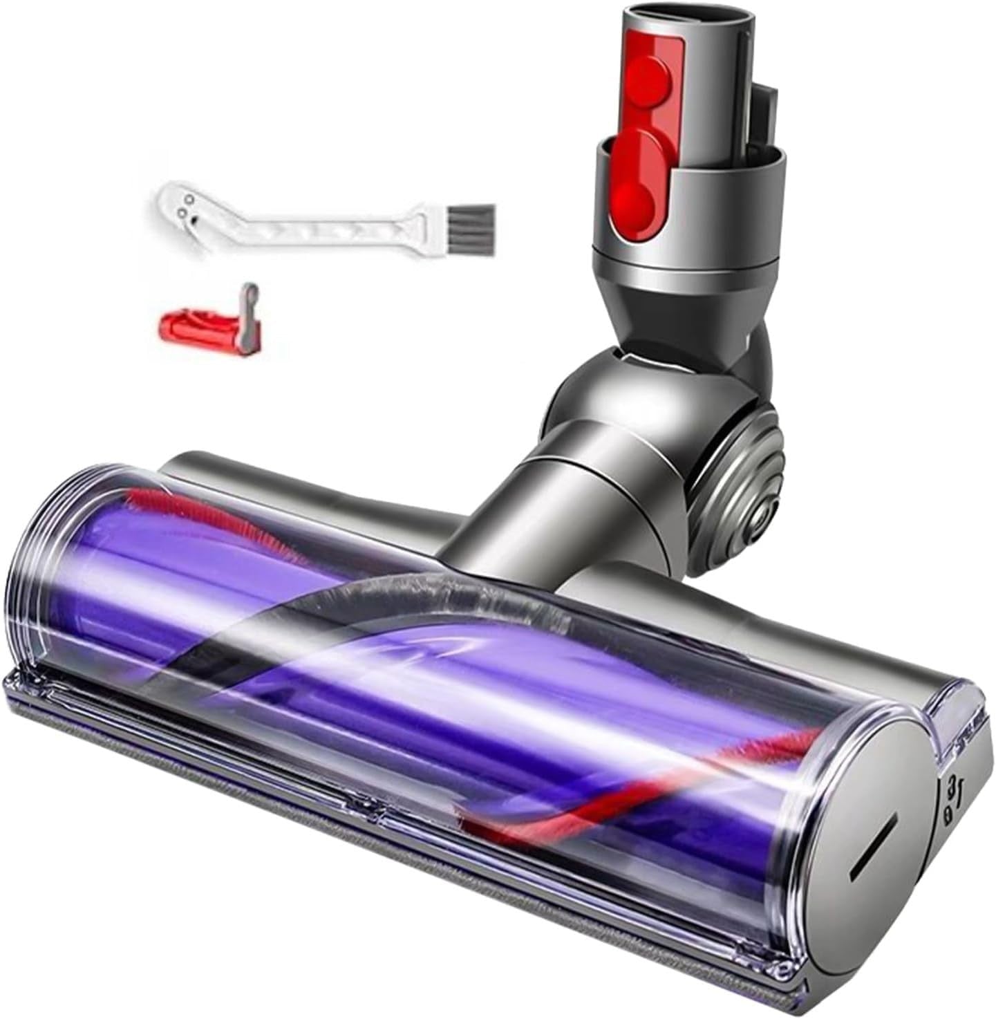 Azym quick-release vacuum direct drive head replacement for Dyson V7, V8, V10, showing the black and grey attachment with brush roll.