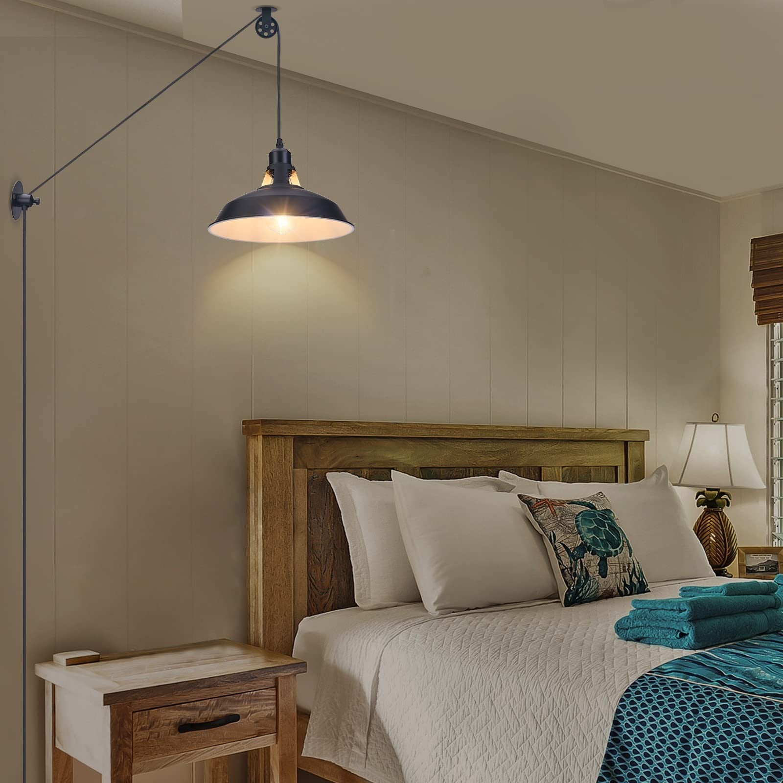 Lomoky industrial plug-in pulley pendant light with 14.76ft cord and on/off switch, hanging fixture with vintage style.