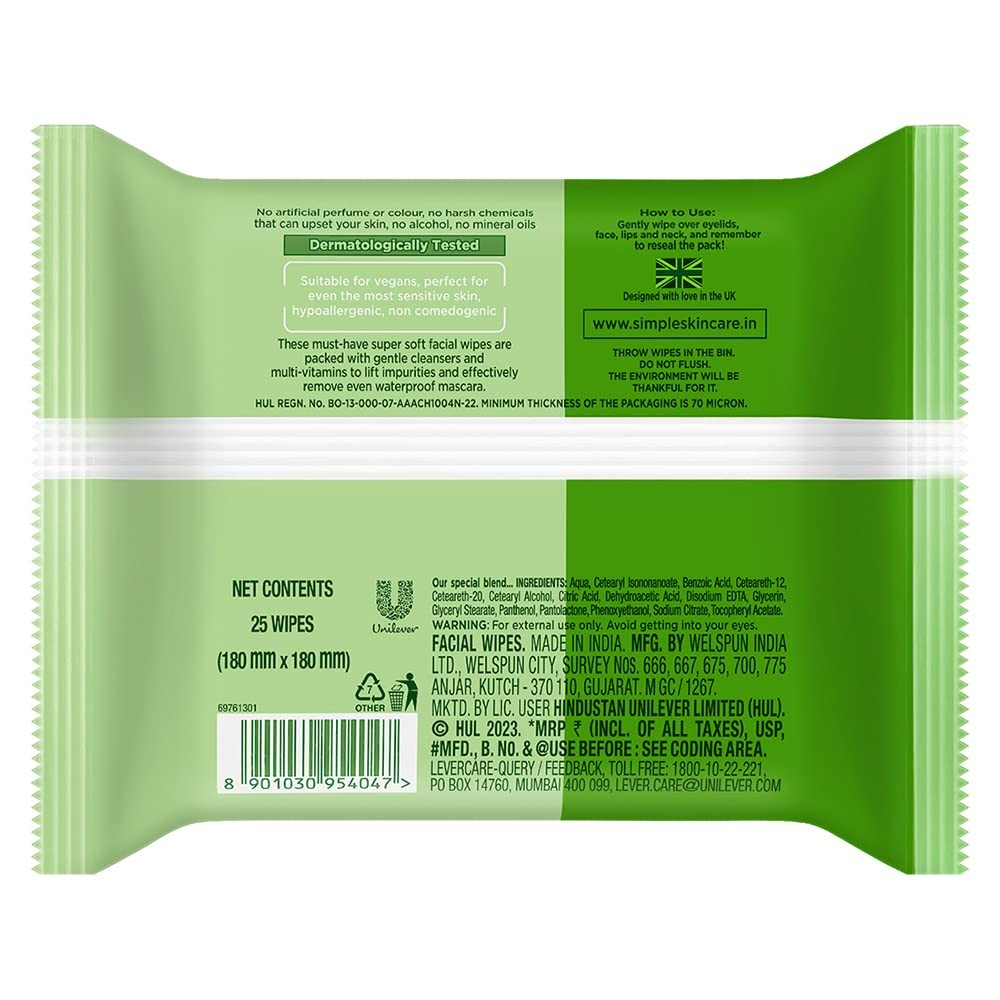 Six packs of Simple Kind to Skin Cleansing Facial Wipes, 25 count each, with soft wipes suitable for gentle facial cleansing.