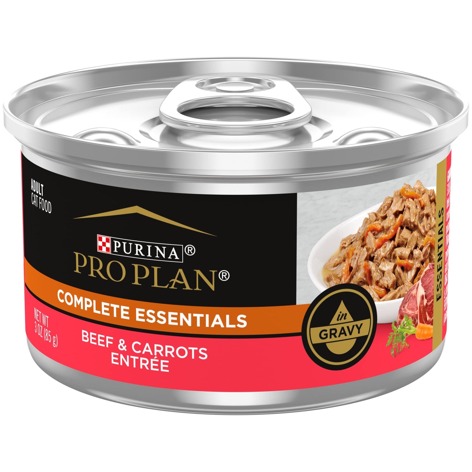 Cans of Purina Pro Plan Wet Cat Food Beef & Carrots Entree, 24-pack, 3 oz each, complete essentials for feline nutrition.
