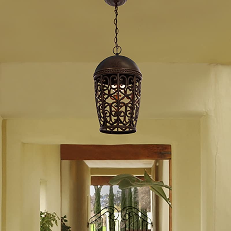 Designers Fountain Amherst Hanging Lantern in burnt umber with classic design and metal frame, suitable for outdoor or porch lighting.