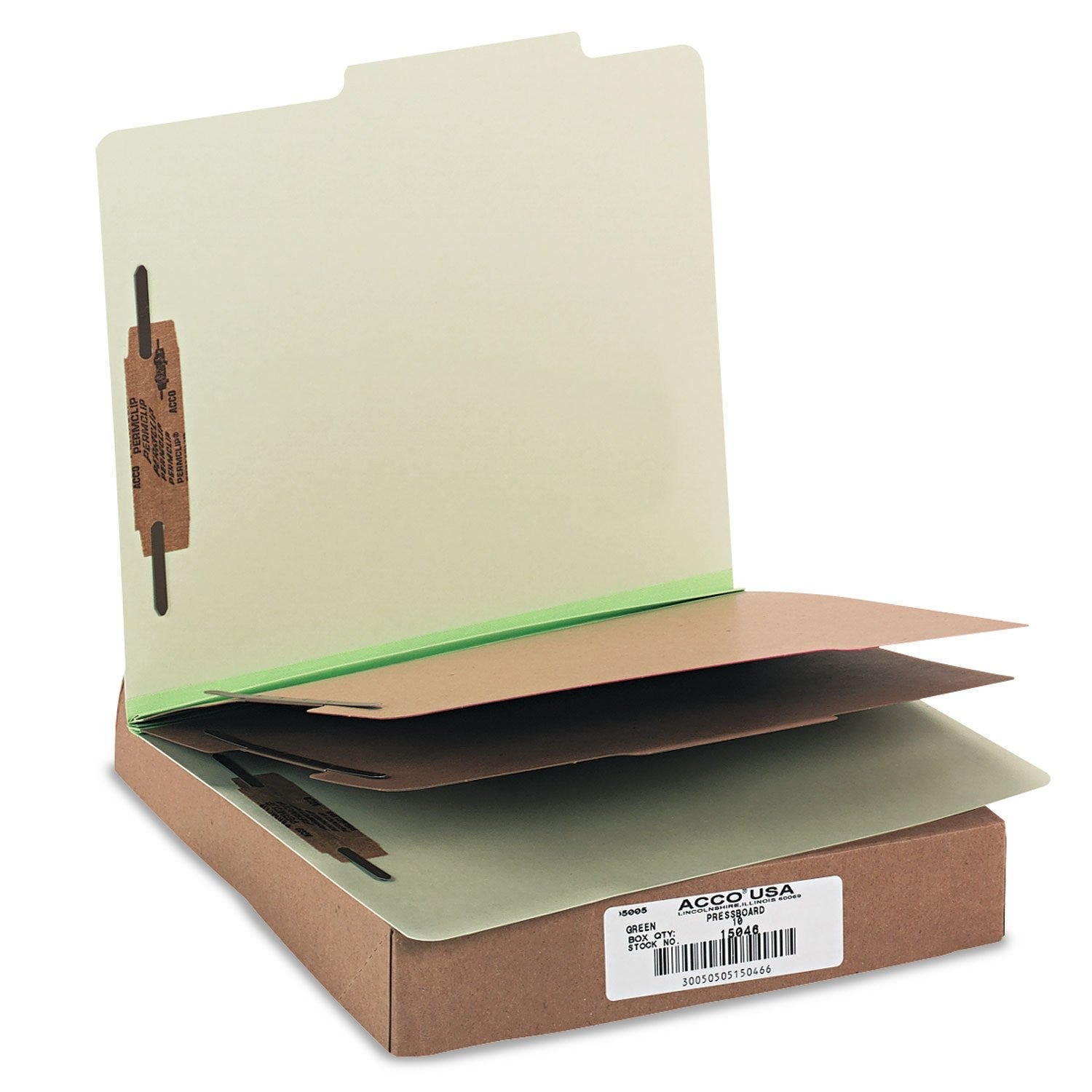 ACCO Classification Folder with Fasteners, pressboard, 6-part letter size, green color, open with tab labels visible