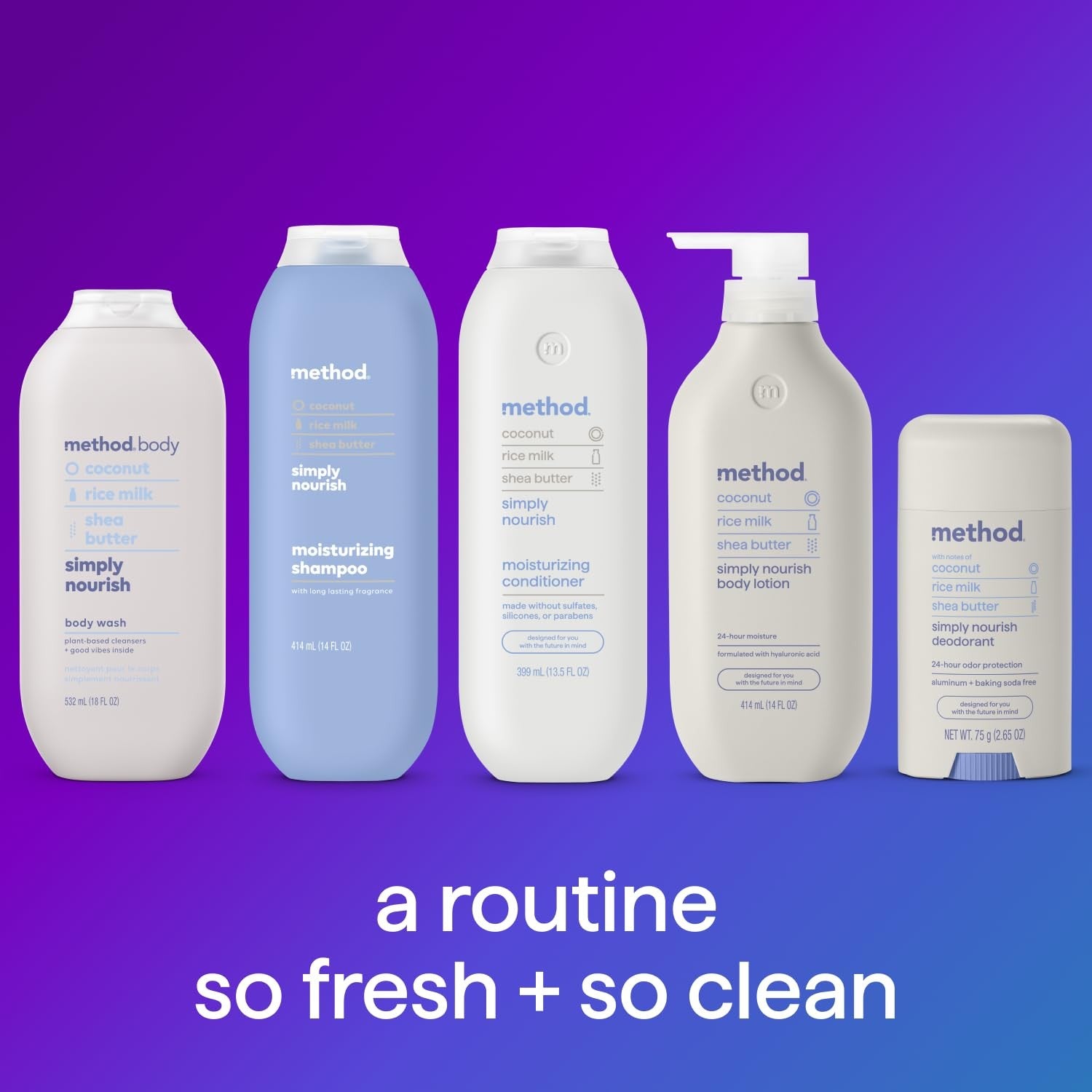 Method Simply Nourish body wash and hair care gift set with bottles and packaging, natural and nourishing personal care products.