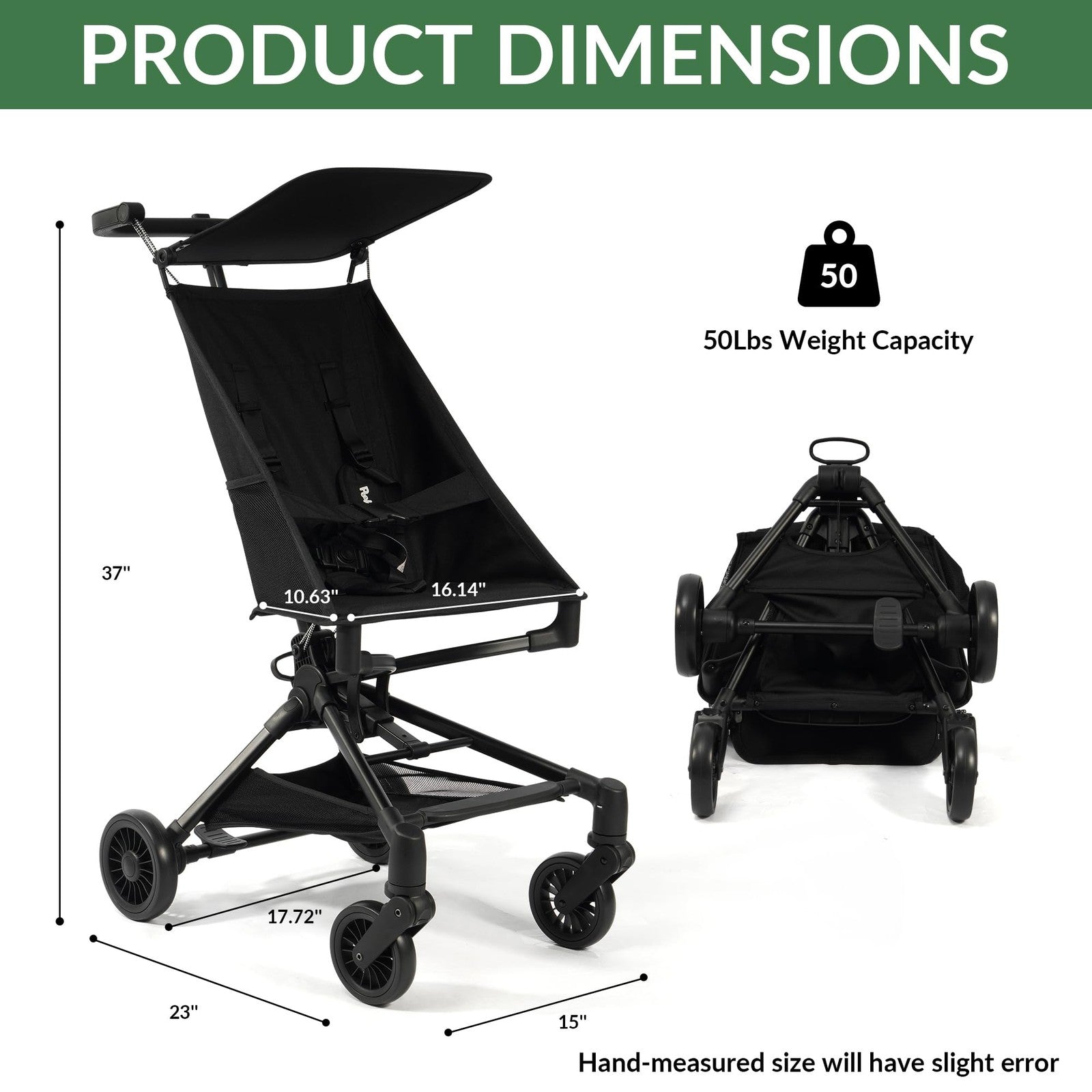 Peekabu lightweight travel stroller for babies, compact foldable design, suitable for airplane travel, weighs 10.5 lbs.