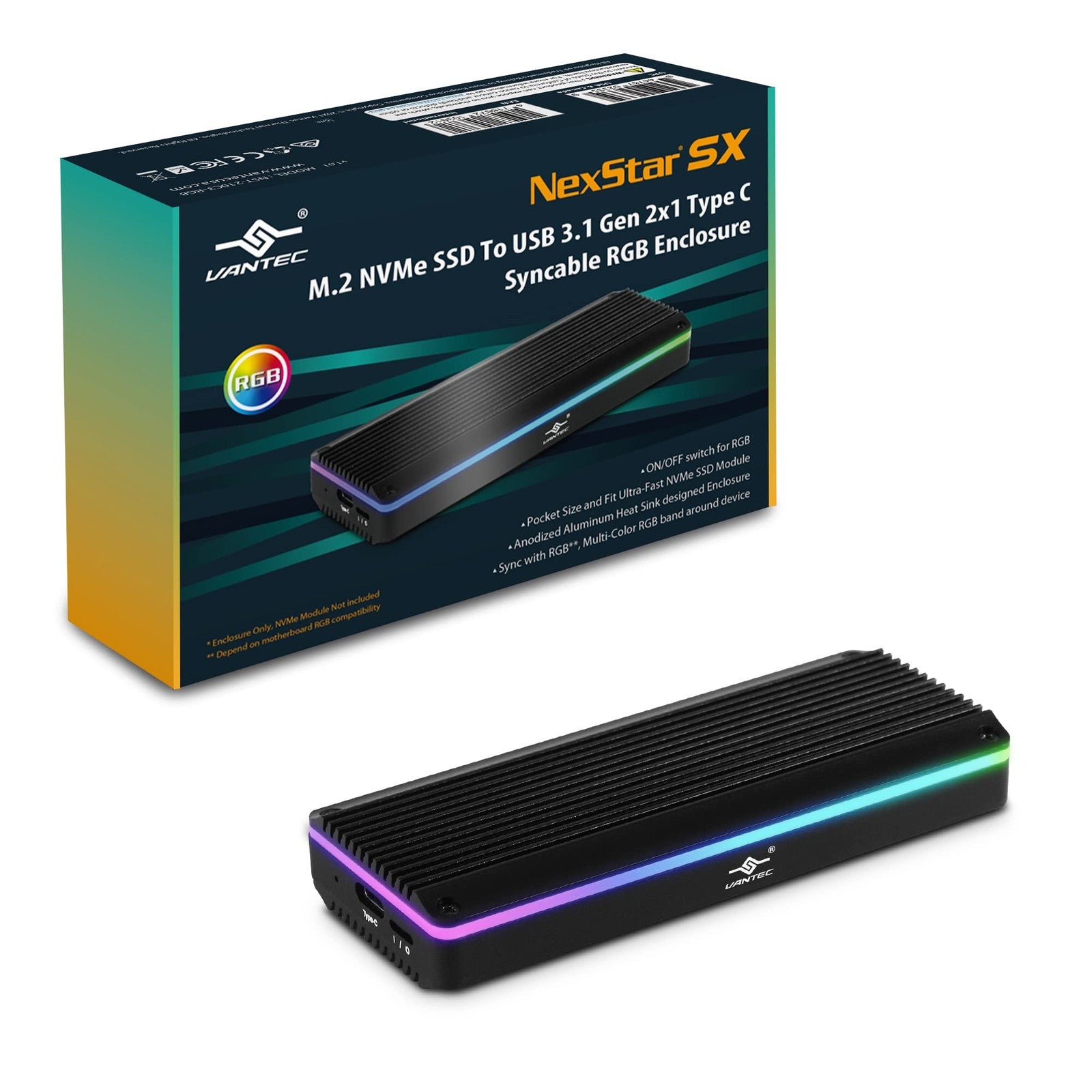 Vantec M.2 NVMe SSD to USB 3.1 Gen 2 Type C RGB enclosure in black, showing the portable SSD enclosure with RGB lighting.