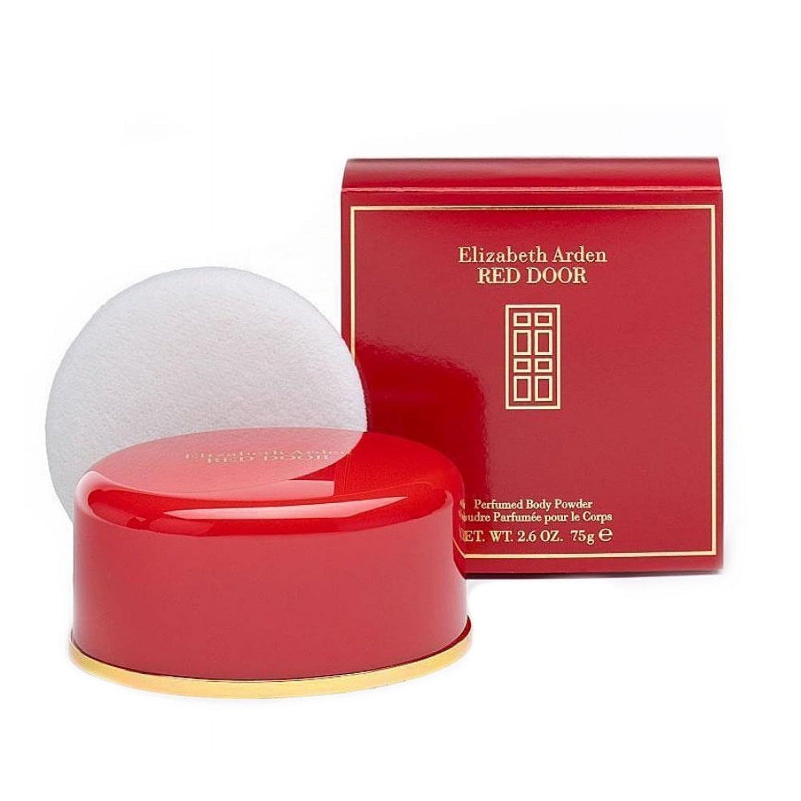 Elizabeth Arden Red Door perfumed body powder in a 5.3oz container, shown with a smooth, elegant packaging and powder inside.