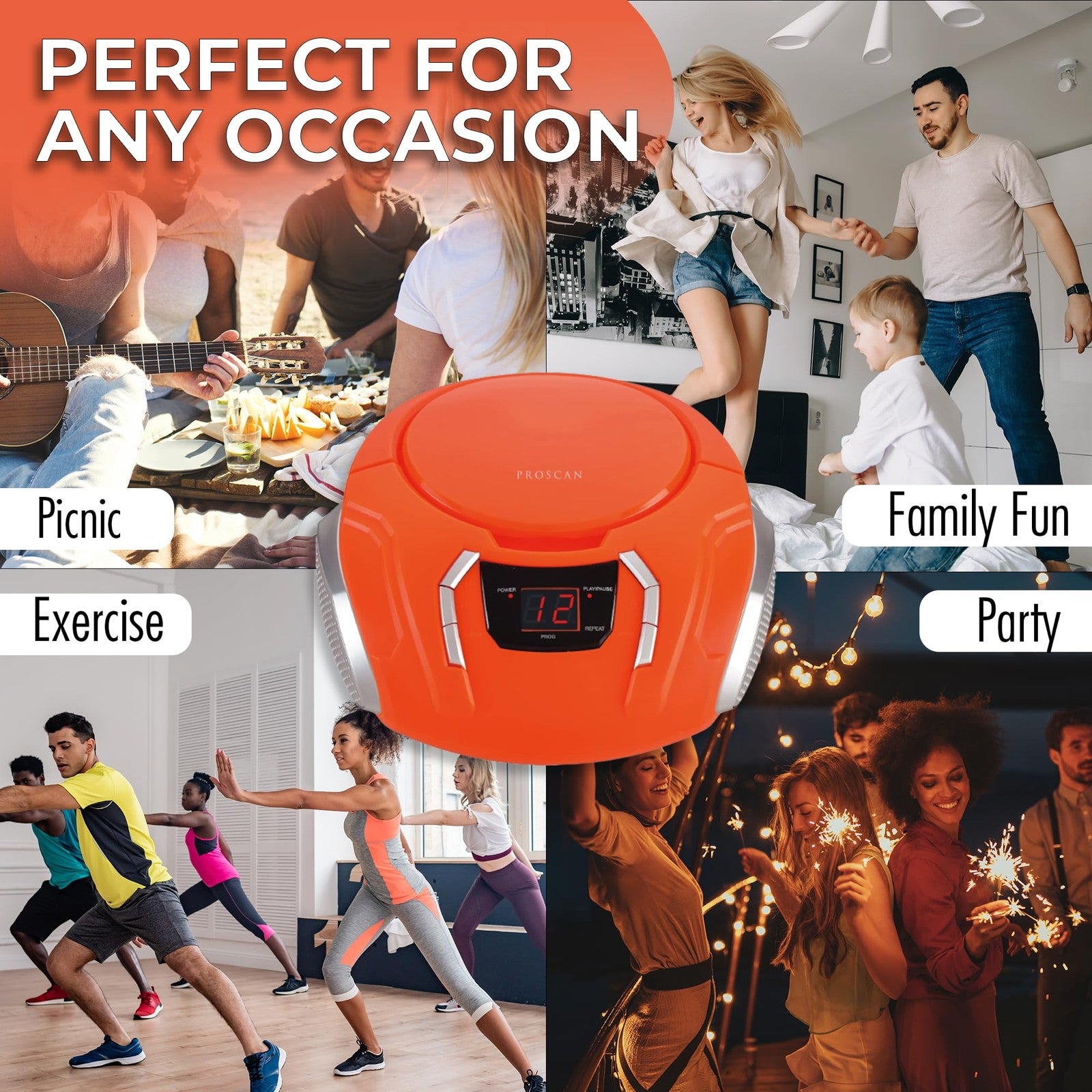 PROSCAN ELITE portable CD player boombox with built-in speakers, AM/FM radio, and sleek design for versatile music listening.