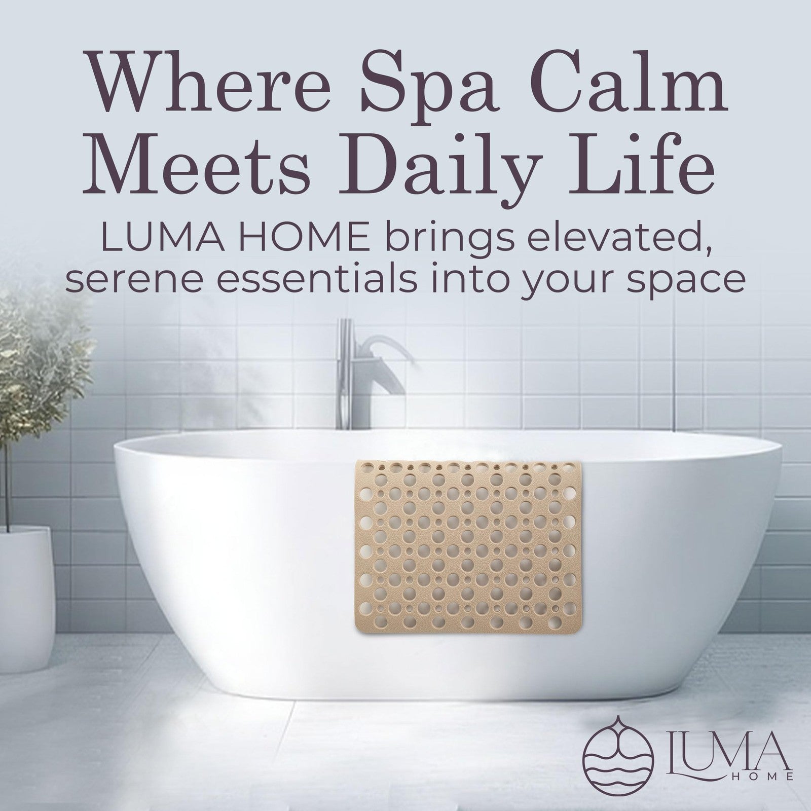 LUMA HOME beige non-slip shower and bathtub mat with strong suction cups, made of TPE for safety and comfort.