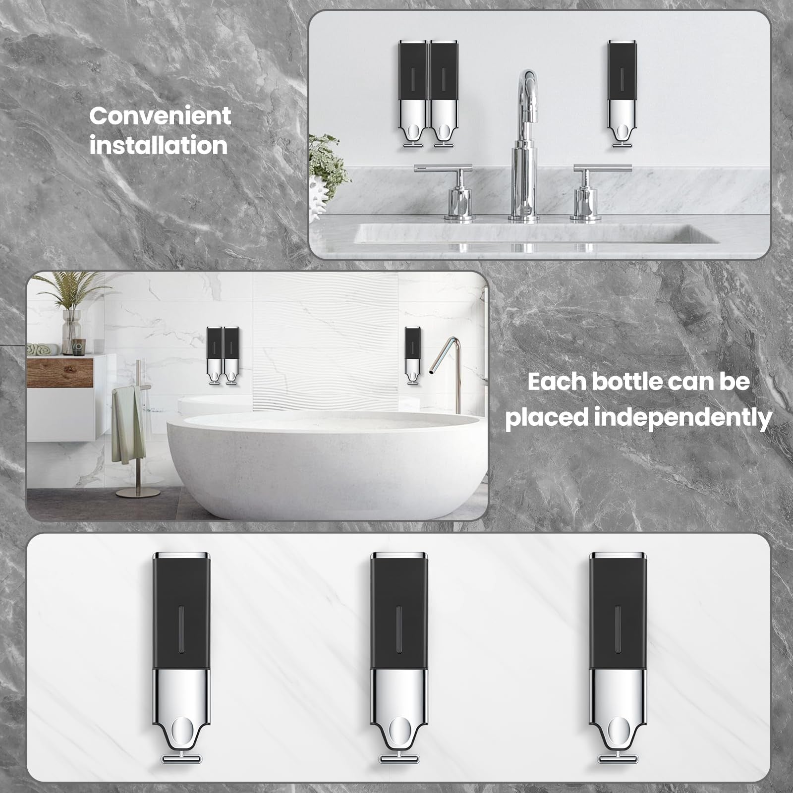 EHORIA 2-in-1 shower dispenser wall mount with soap, shampoo, and conditioner bottles and dispensing buttons.