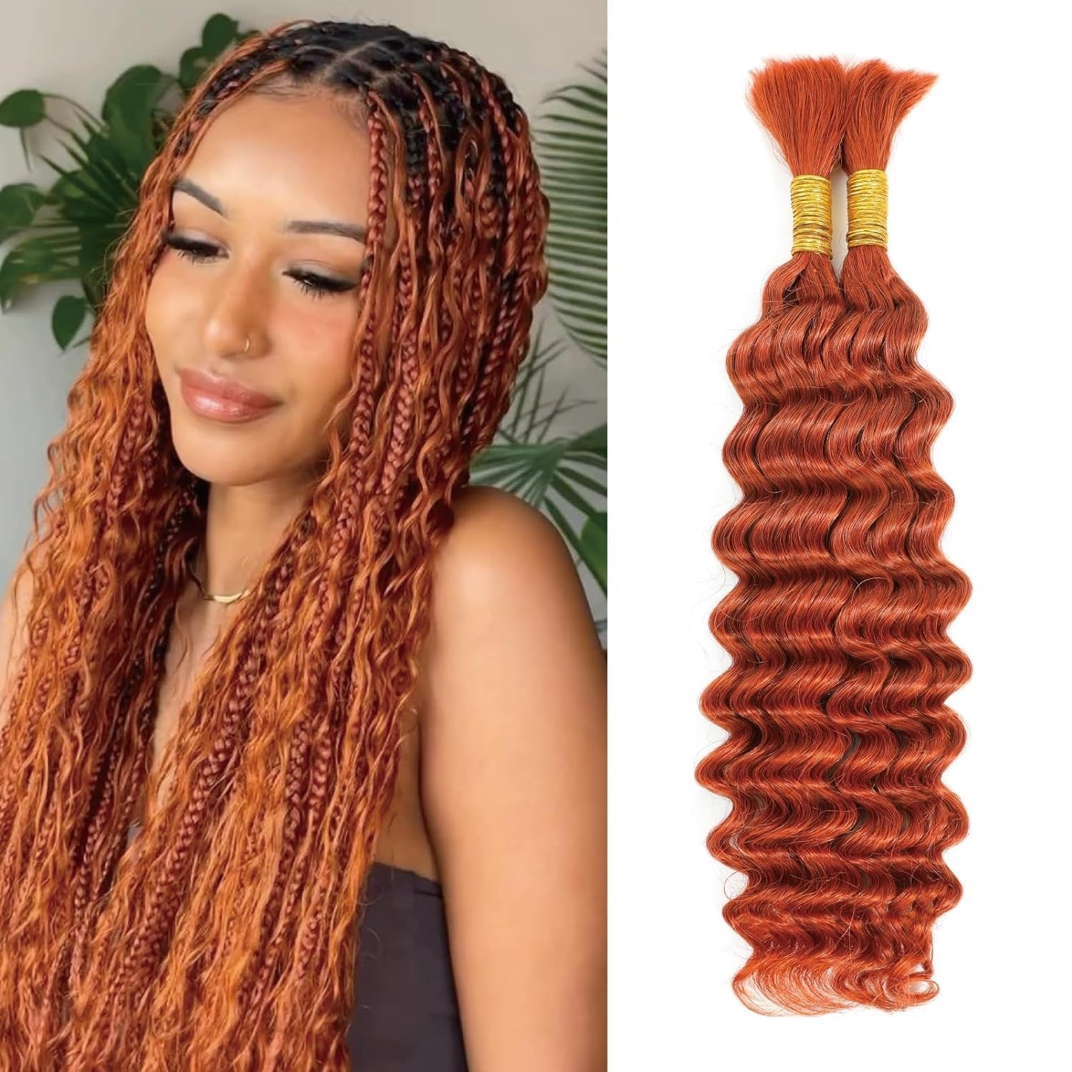 Peenoll Curly Braiding Human Hair in ginger orange, 16-inch bundles, 11A grade, 100g total, shown in two bundles.